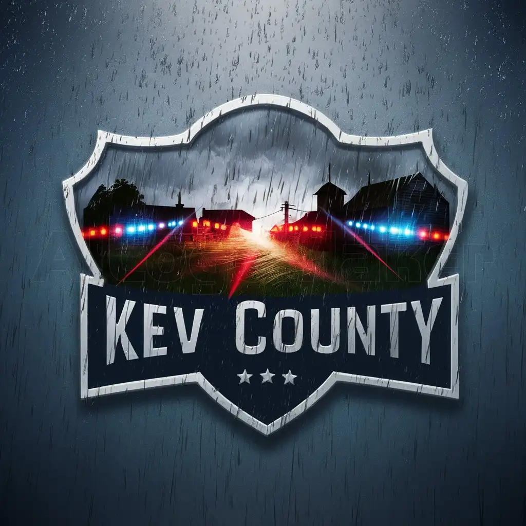 a logo design,with the text "Kev County", main symbol:Rural town with flashing red and blue lights with an intense battle of police and criminals with rain.,Moderate,be used in Others industry,clear background