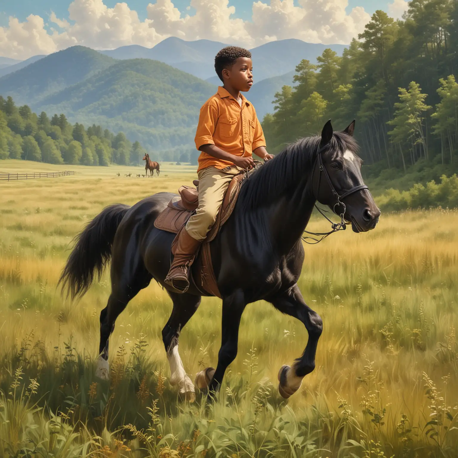 Create an image of an oil painting of a young African-American boy about age 10 years old riding a black stallion horse in a grassy meadow field the mountains in North Carolina his golden collie dog  in the 1960s