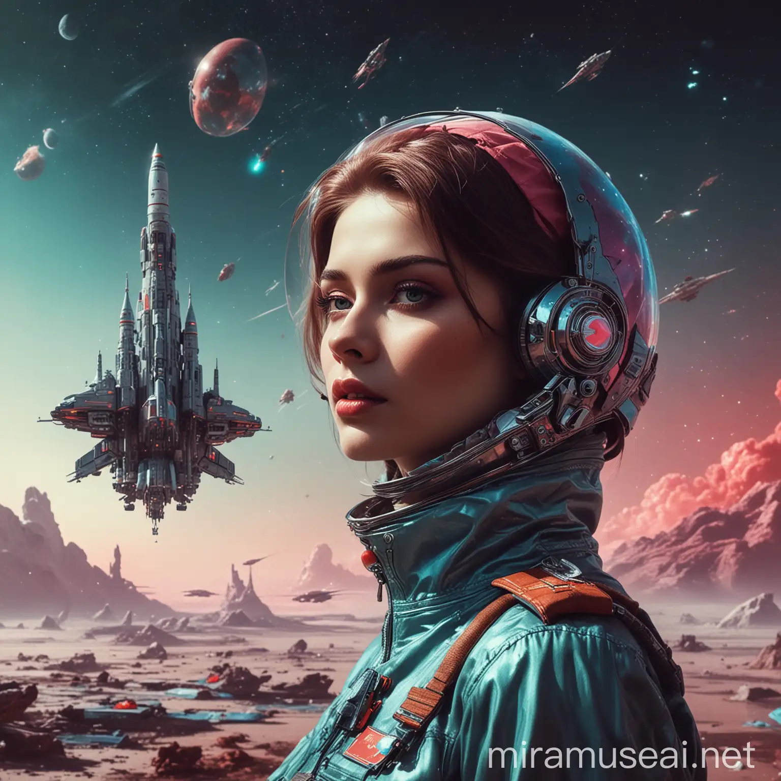 A soviet heroin on her dream odyssey, extremely colorful and ultra chromed, retro futuristic style, muted colors, spaceships 