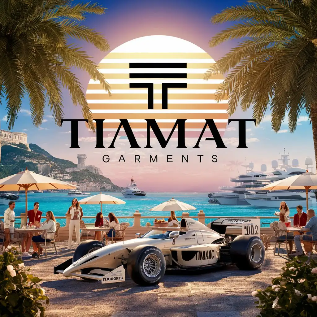 a logo design,with the text "Tiamat Garments", main symbol:A large, vibrant sun setting in the background, casting a glow over the scene. Palm trees framing the sides. An elegant formula 1 car, a classic convertible sports car parked near a chic beachside cafe, with people enjoying drinks under sun umbrellas. Background, is a stylized, sun-drenched coastline of monaco, featuring the iconic Monte Carlo skyline with luxury yachts bobbing in the turquoise waters of the mediterranean sea. Transparent background.,complex,clear background