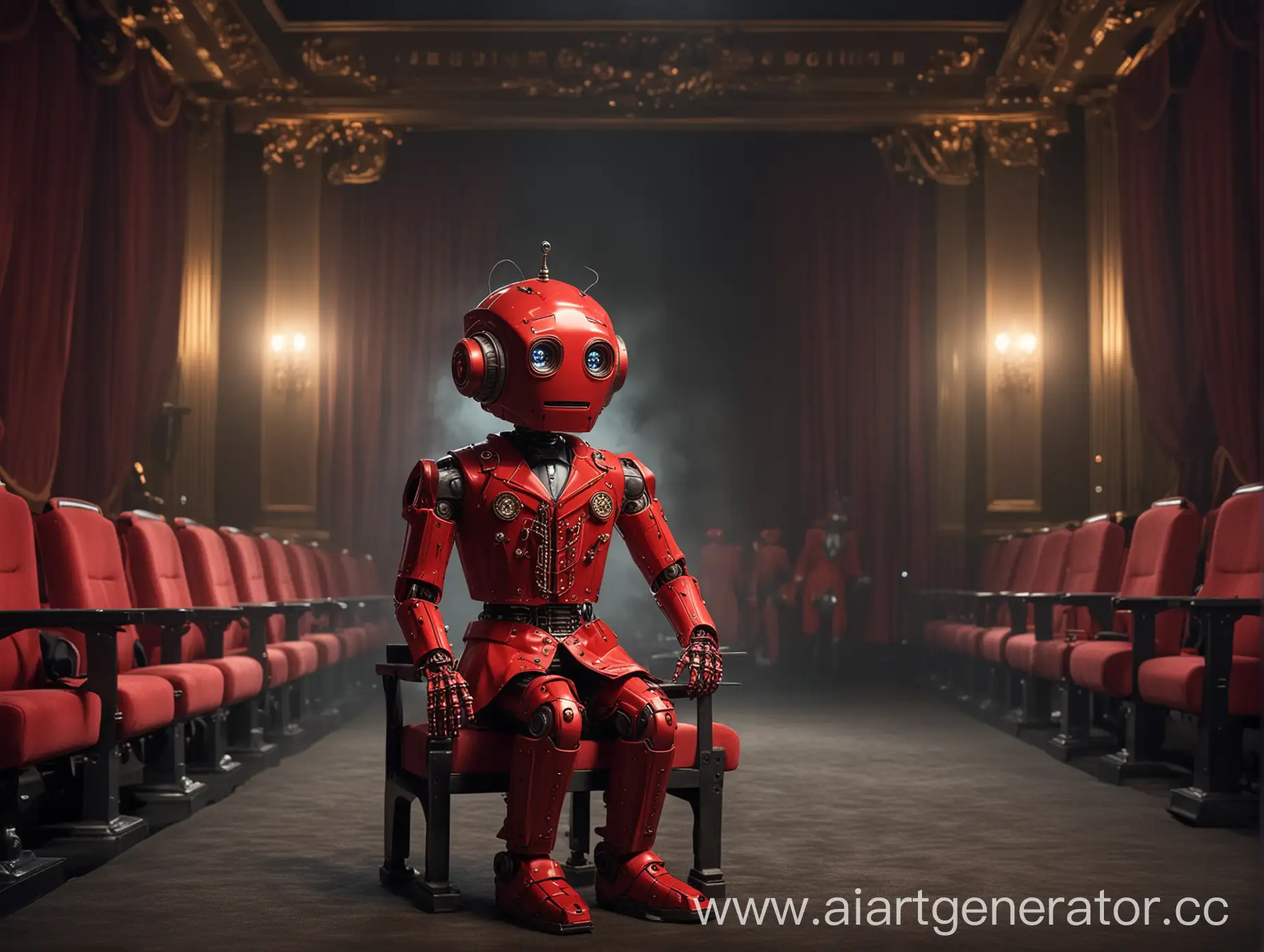Красный робот сидит в смокинге в шикарном театре смотрит спектакль