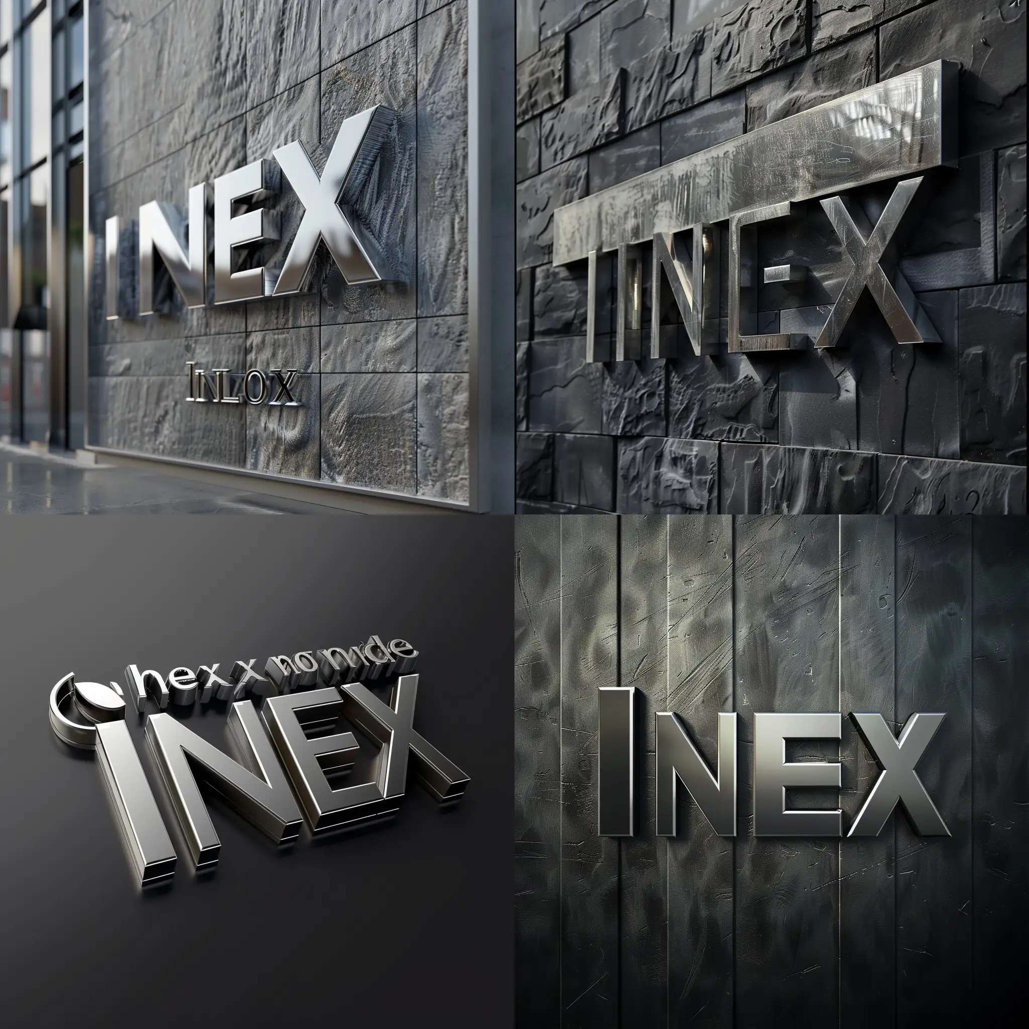 Logo for INEX, facades,  metall silver letters, reliable, honest, friendly,