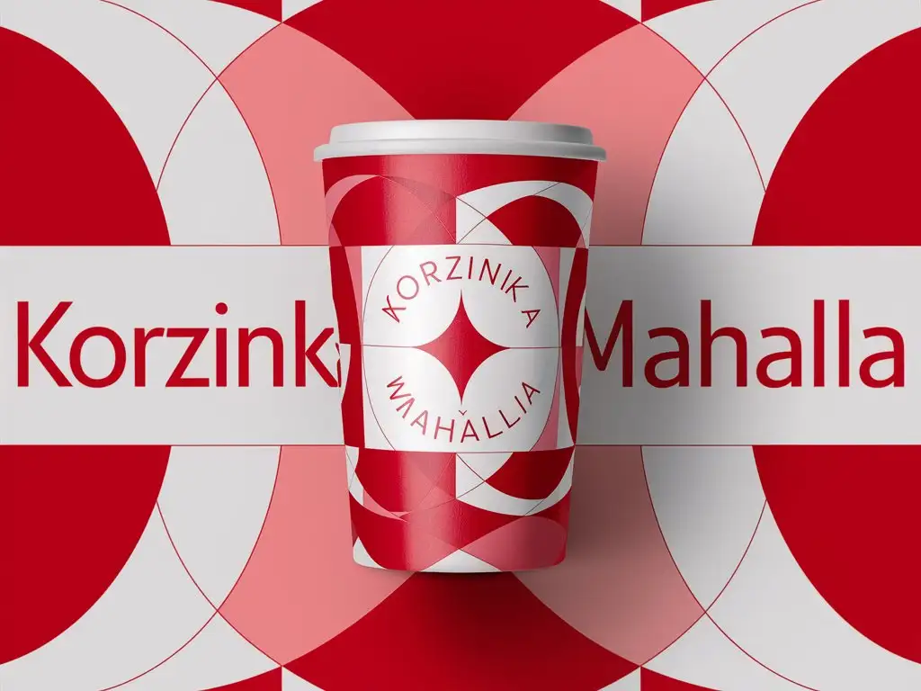 
Create a wraparound design for a paper coffee cup using red and white shades. The design is for the coffee brand "Korzinka Mahalla." Make the design very interesting and attractive, while maintaining a minimalist aesthetic. Ensure the brand name "Korzinka MAHALLA" is prominently featured on the cup. Make a very beautiful design. Add some detail and make the text clear.