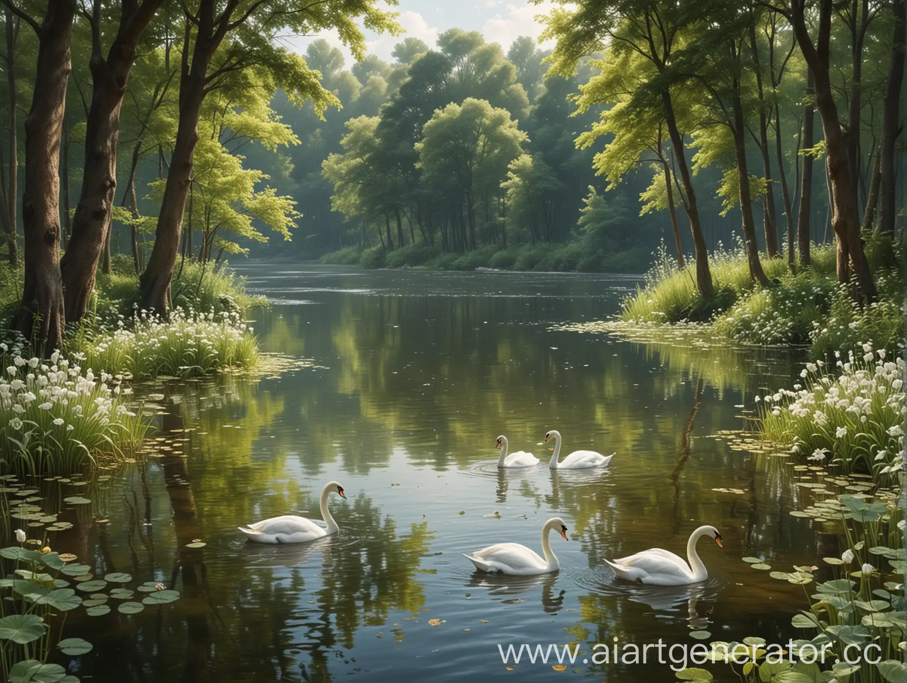 Озеро в лесу с плавающими лебедями, отличное качество, реализм
