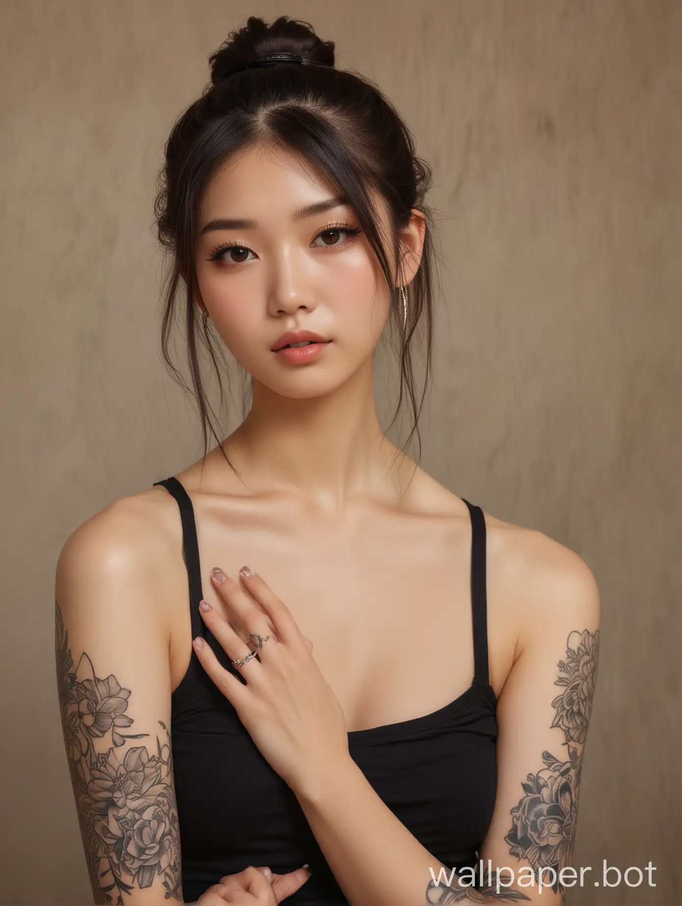 A beautiful Japanese girl with tattoos, wearing black short sleeves and silver rings in the style of an oil painting, long hair tied back from shoulders,, light brown eyes, soft makeup, delicate features, a slender figure, soft lighting, and warm tones --ar 1:2 --stylize 750