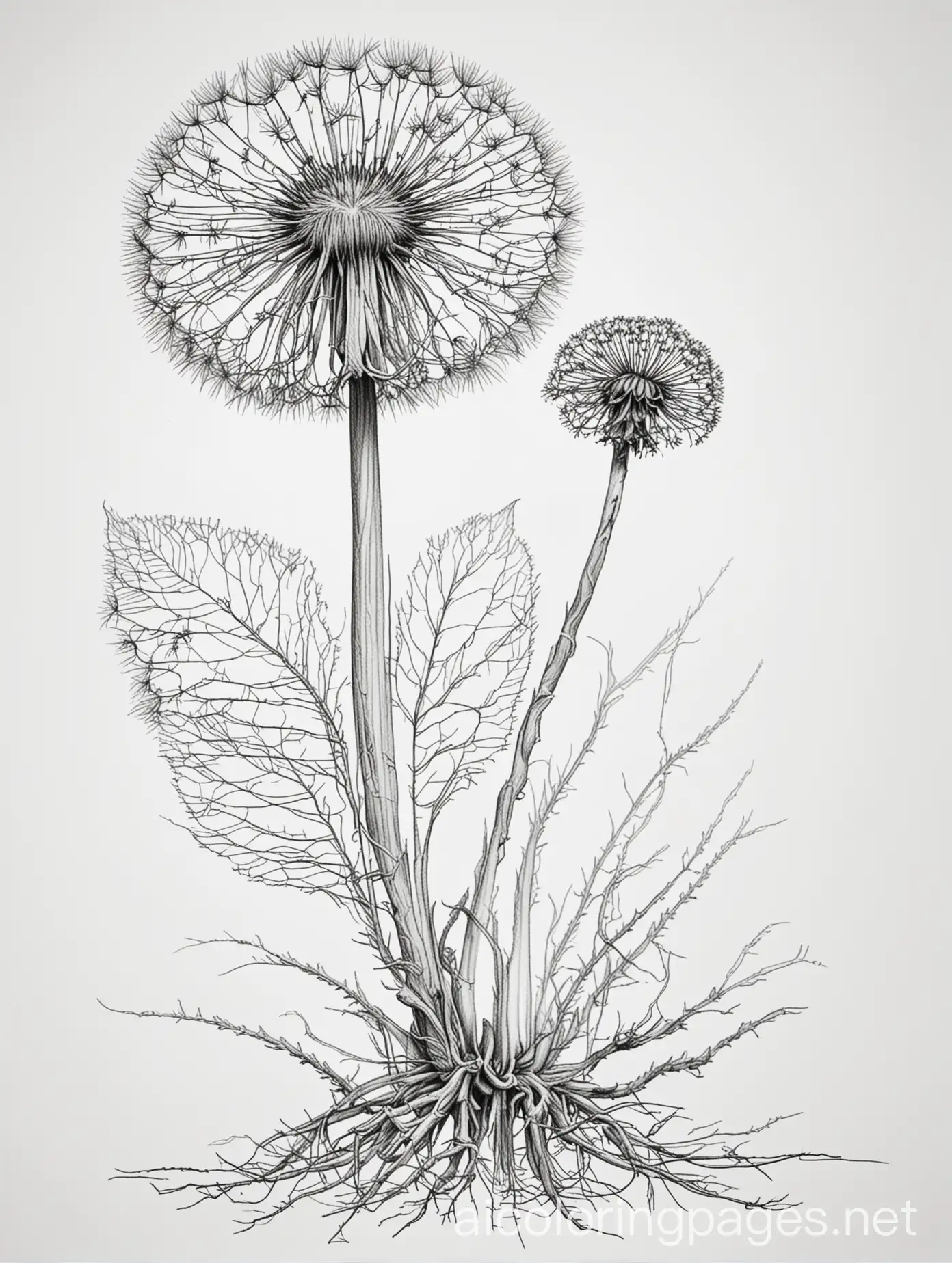 Anatomy of a Dandelion plant and the root , Coloring Page, black and white, line art, white background, Simplicity, Ample White Space. The background of the coloring page is plain white to make it easy for young children to color within the lines. The outlines of all the subjects are easy to distinguish, making it simple for kids to color without too much difficulty