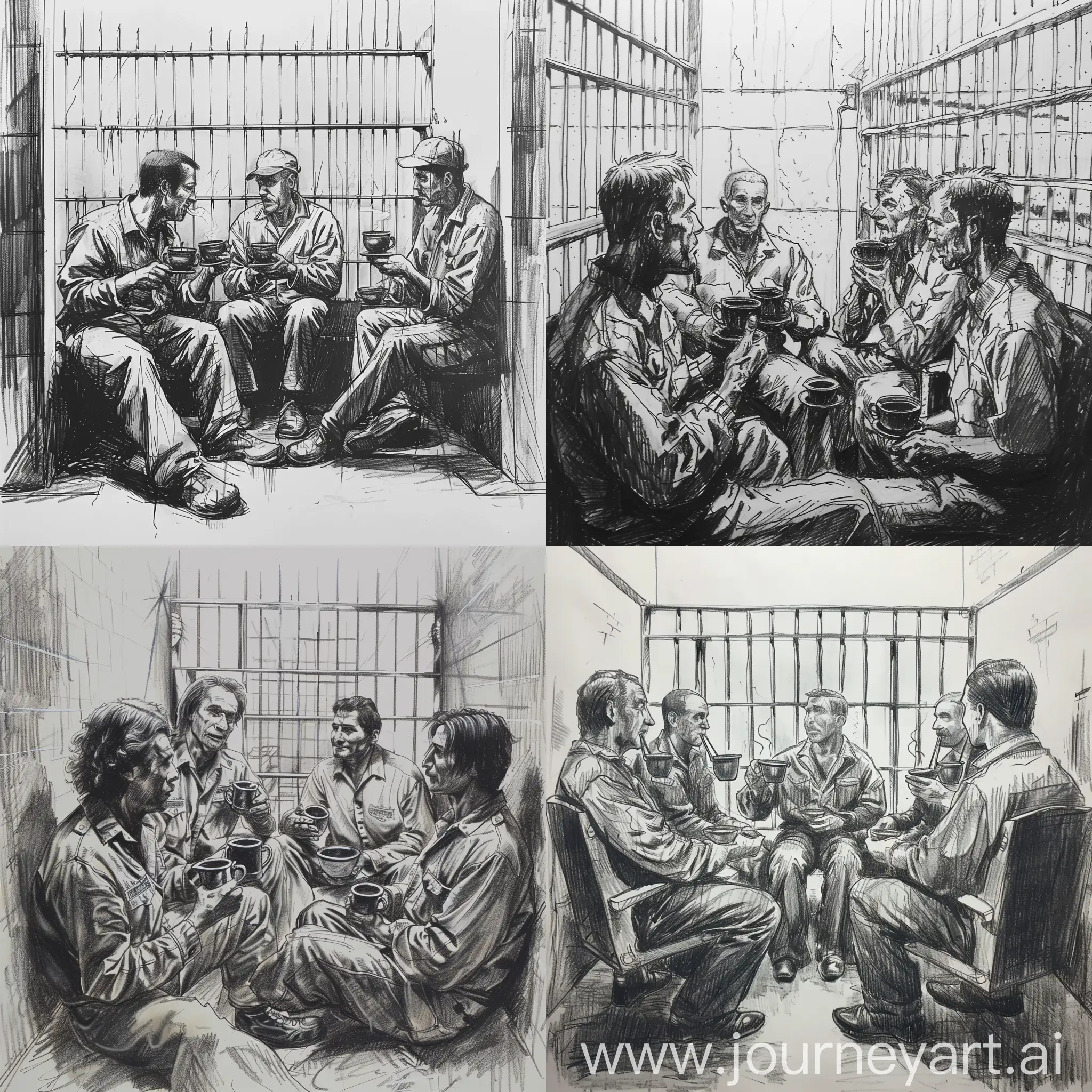 нарисовано карандашом сидят 4 зека в тюремной камере пьют чай из железных стаканов и общаются