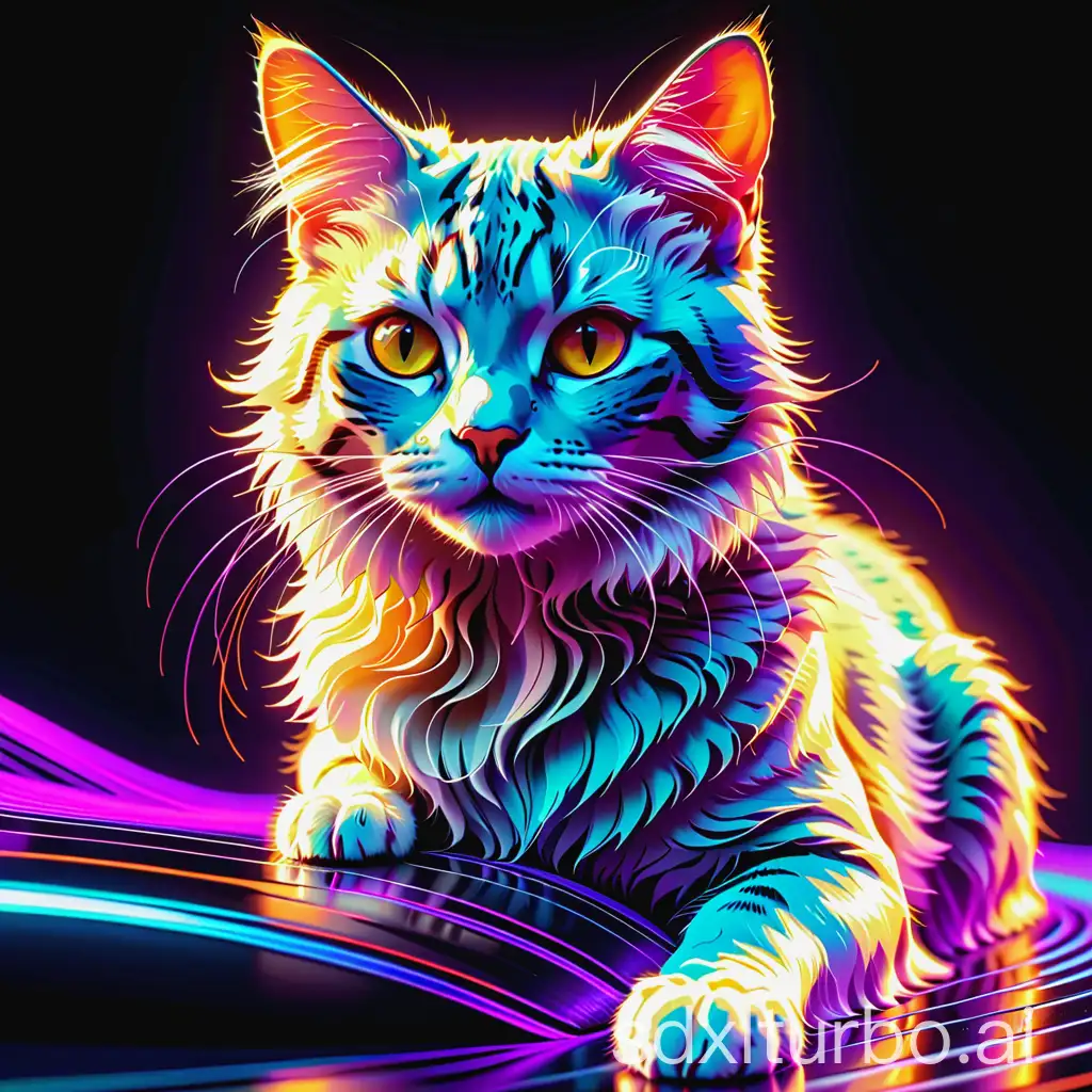 Digital cat, aqua wireframe , vhs grain, navy lighting, purple reflections, CRT grain, white noise glitch, lineart [reflections, vibrant lighting, realistic, high quality photo, 4k, hd, 7-RetroDigital, orange wireframe of sin wave,red lighting.