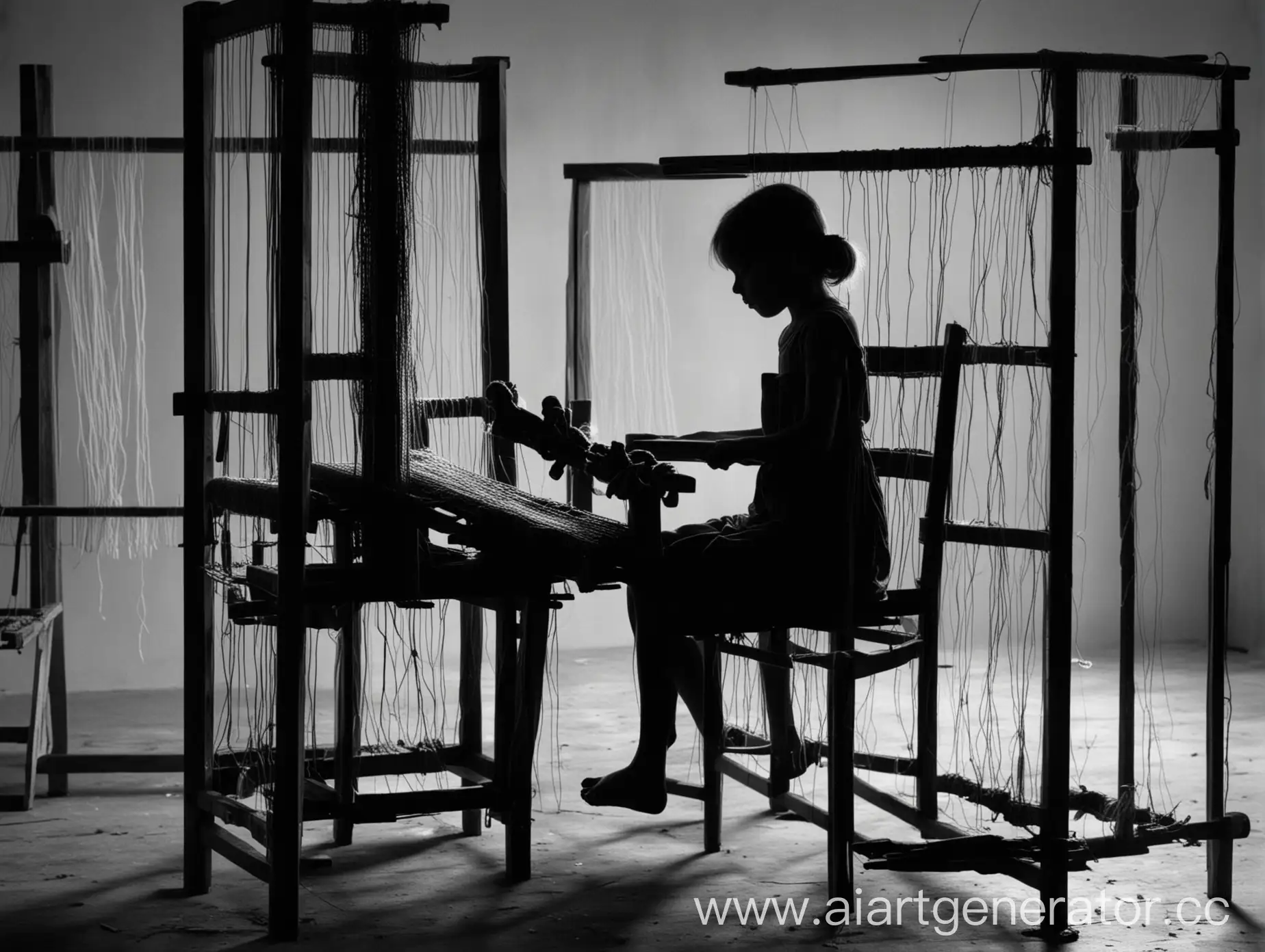 Девушка сидит на стуле за ткацким станком, черный силуэт 