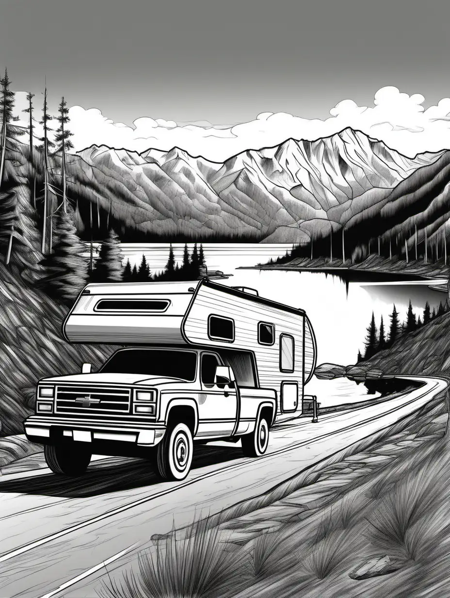 draw me a black and white picture of a pickup truck towing a camping trailer on the road driving toward the mountains with a lake, white background 