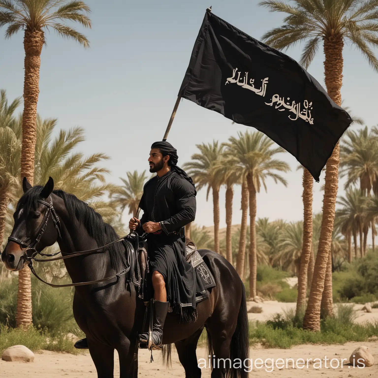 musculer man in arab black dress with shord and plain black flag in hand  on horse beside of an oasis