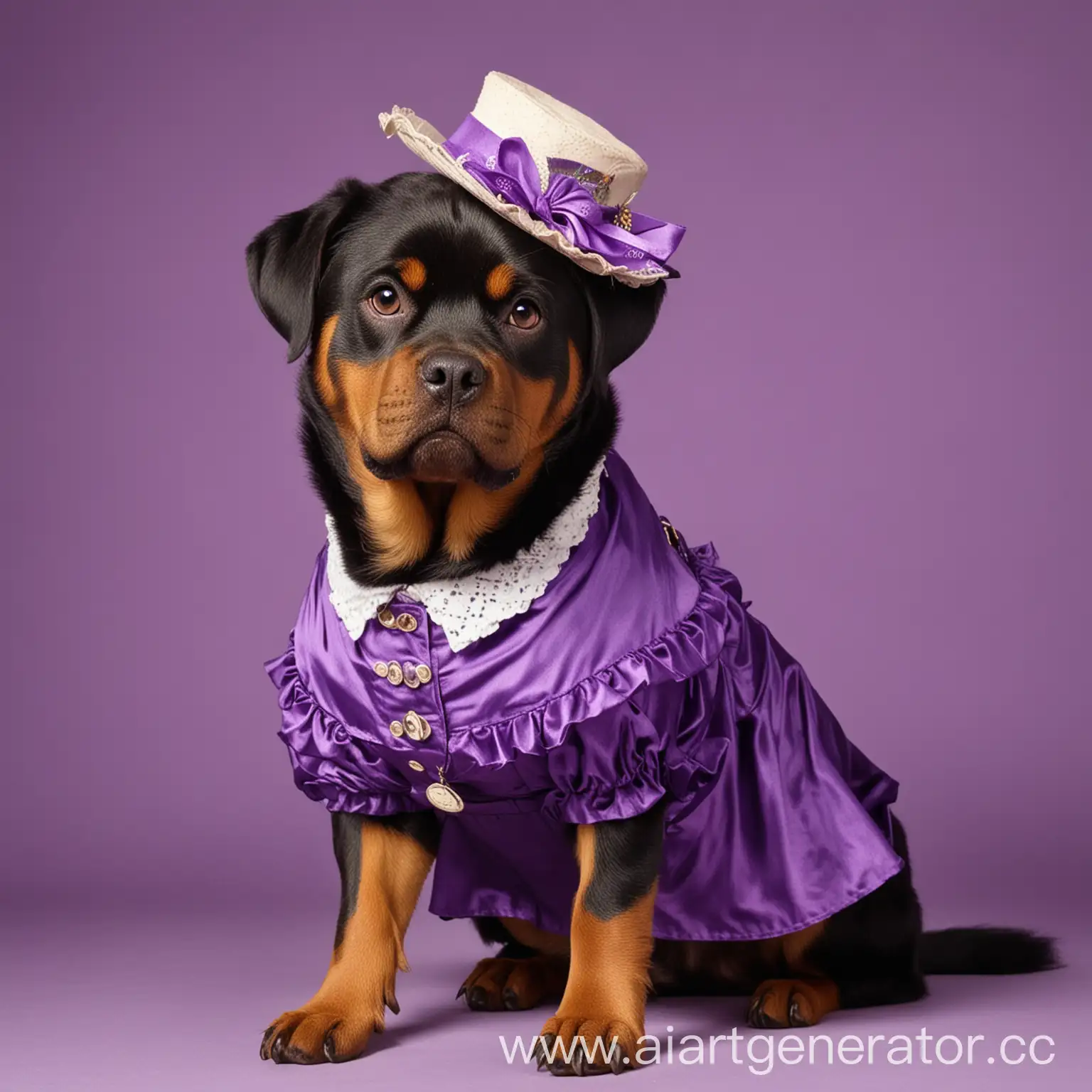 Fashionable-Rottweiler-Dog-in-Purple-Dress-with-Monocle