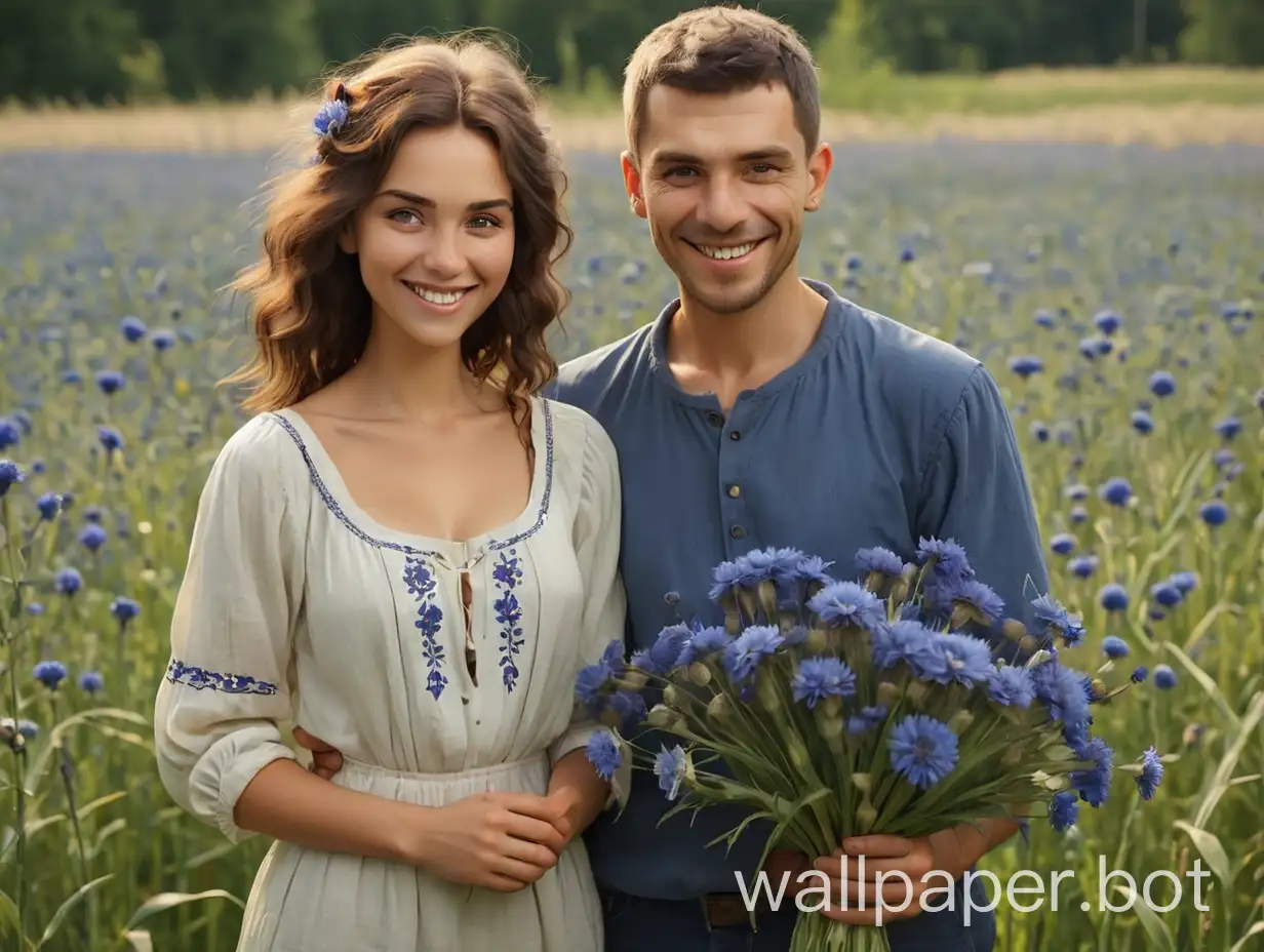 a woman and a man with cornflowers, Slavic faces, full-length, brunette, smiling, summer