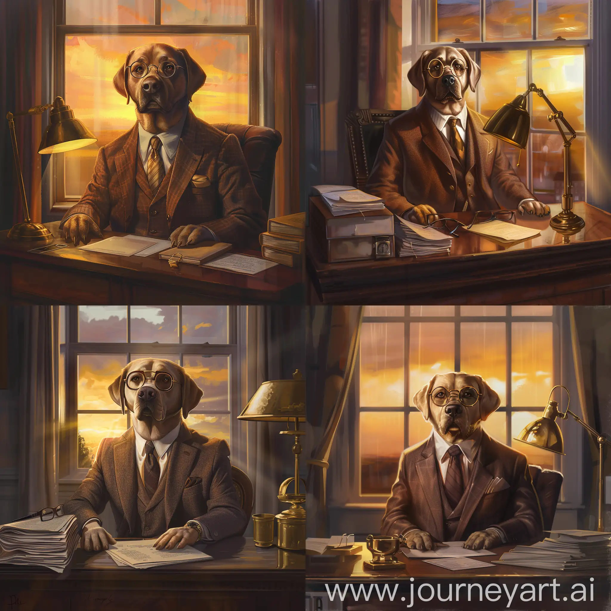 Description: Imagine a refined Labrador Retriever dressed in a tailored wool business suit, complete with a sleek tie and sophisticated horn-rimmed glasses. Picture this distinguished canine seated at a mahogany desk, adorned with neatly stacked papers and a polished brass lamp. Outside the window, the gentle rays of a sunset cast a warm glow, illuminating the scene with a sense of tranquility and sophistication. Your task is to bring this scene to life in your preferred art style, capturing the elegance and poise of the Labrador Executive in this unique setting.