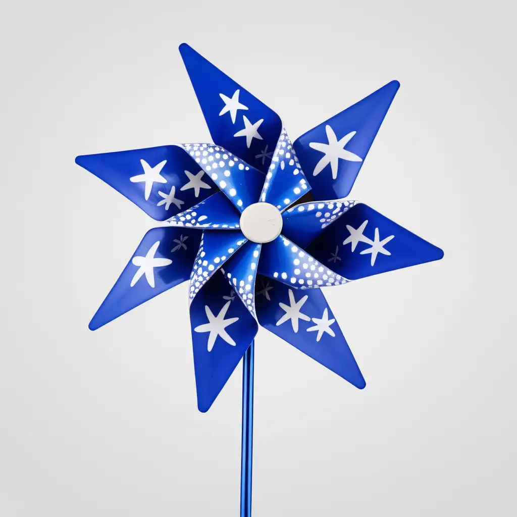 single, shiny blue pinwheel with white stars, plain background