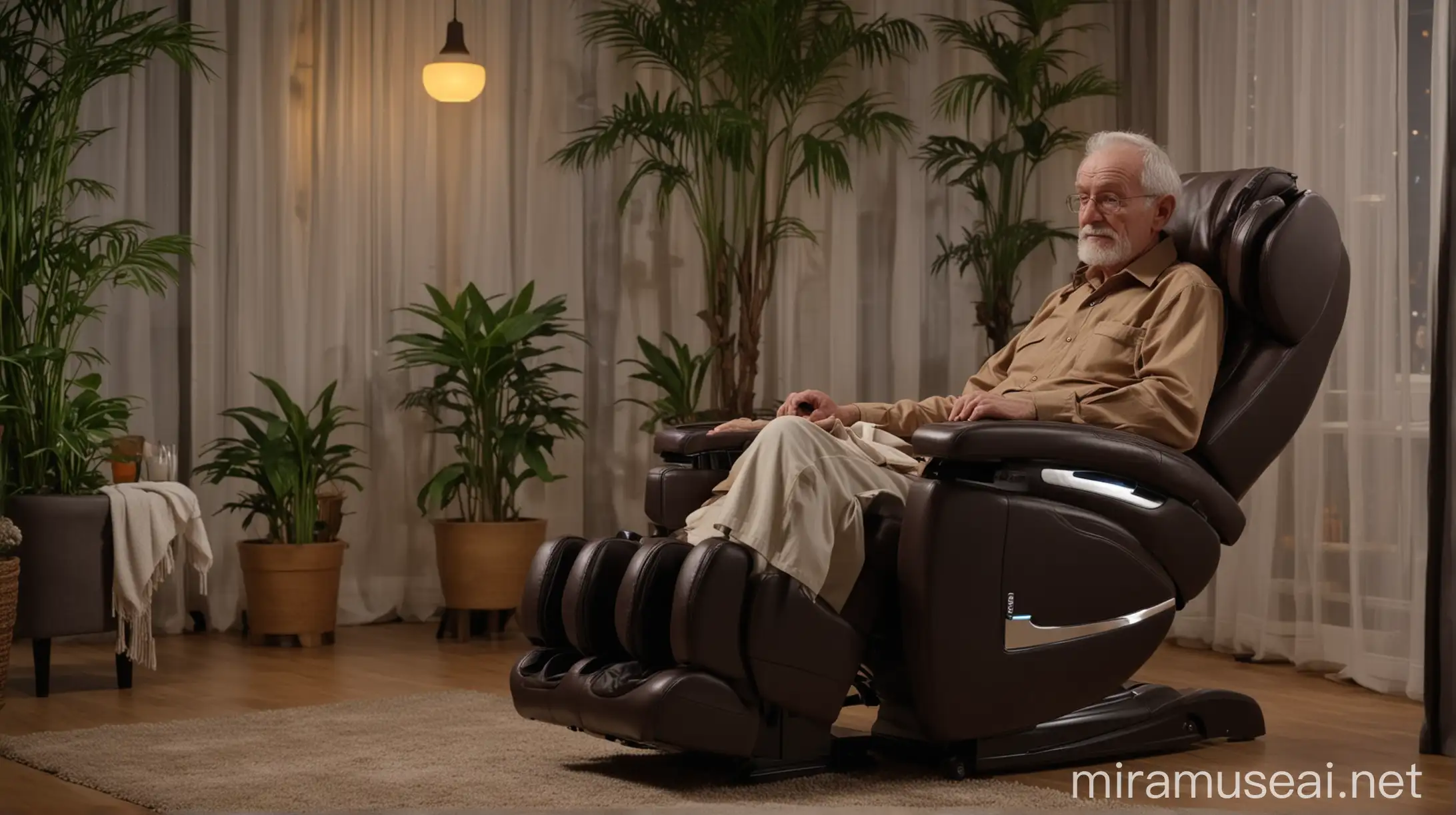 Elderly Gentleman Relaxing in HighEnd Electric Massage Chair at Night