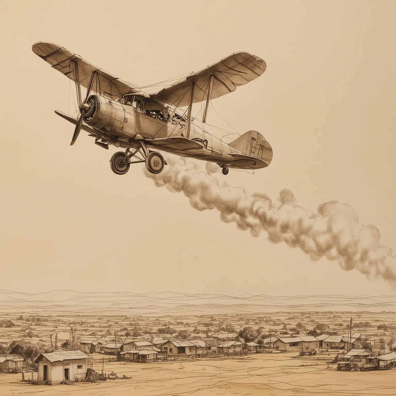 creat a storyboard scene a Potez 25 biplane liftoff from Ethiopia Adowa  filled in 1935, use pencils