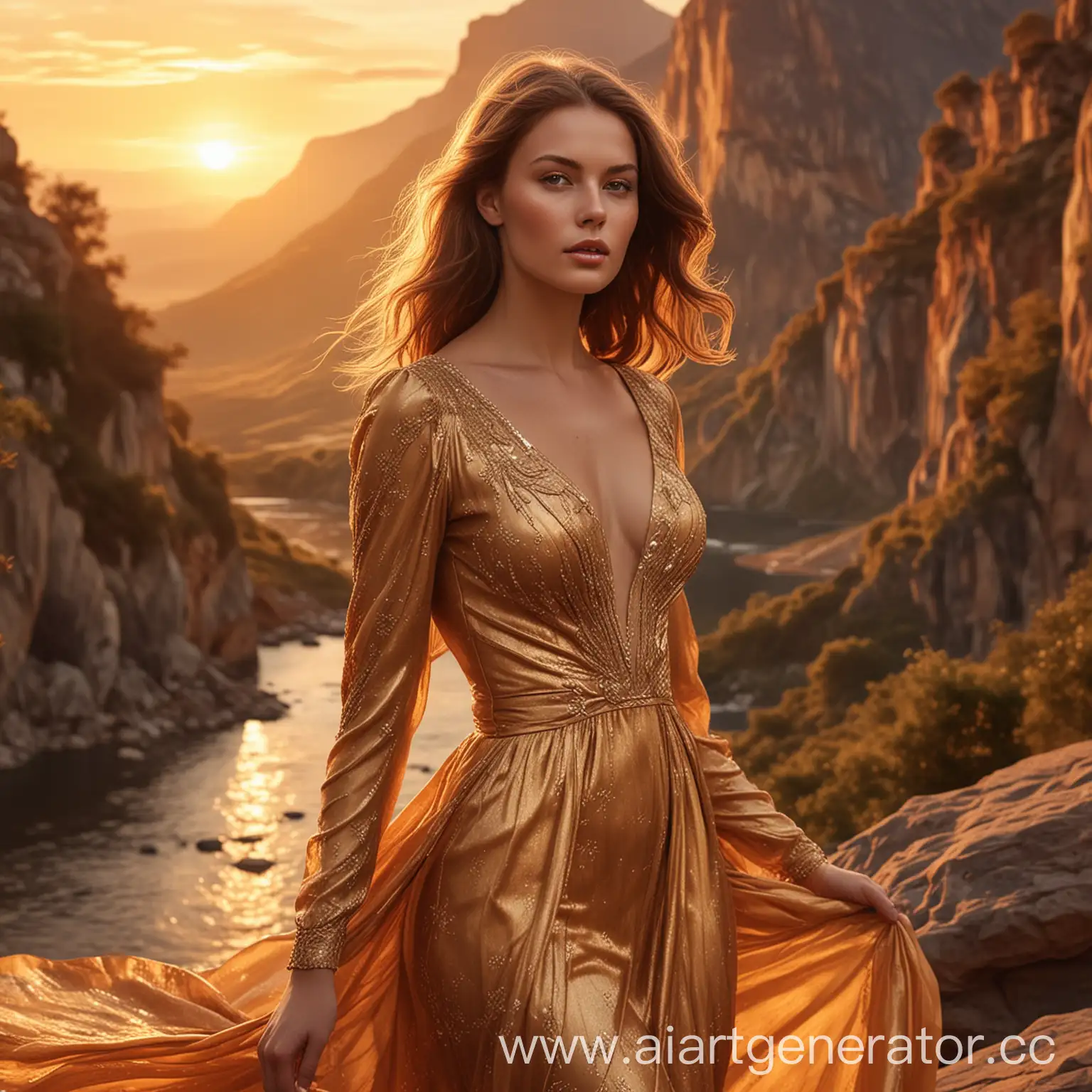 Annalena Baerbock portrayed with cascading brown hair, bathed in the warm, golden hues of sunset, donning an elegant dress, set against a stunning landscape, rendered in the distinctive, polished style of Artgerm, dramatic lighting, ultra fine, digital painting