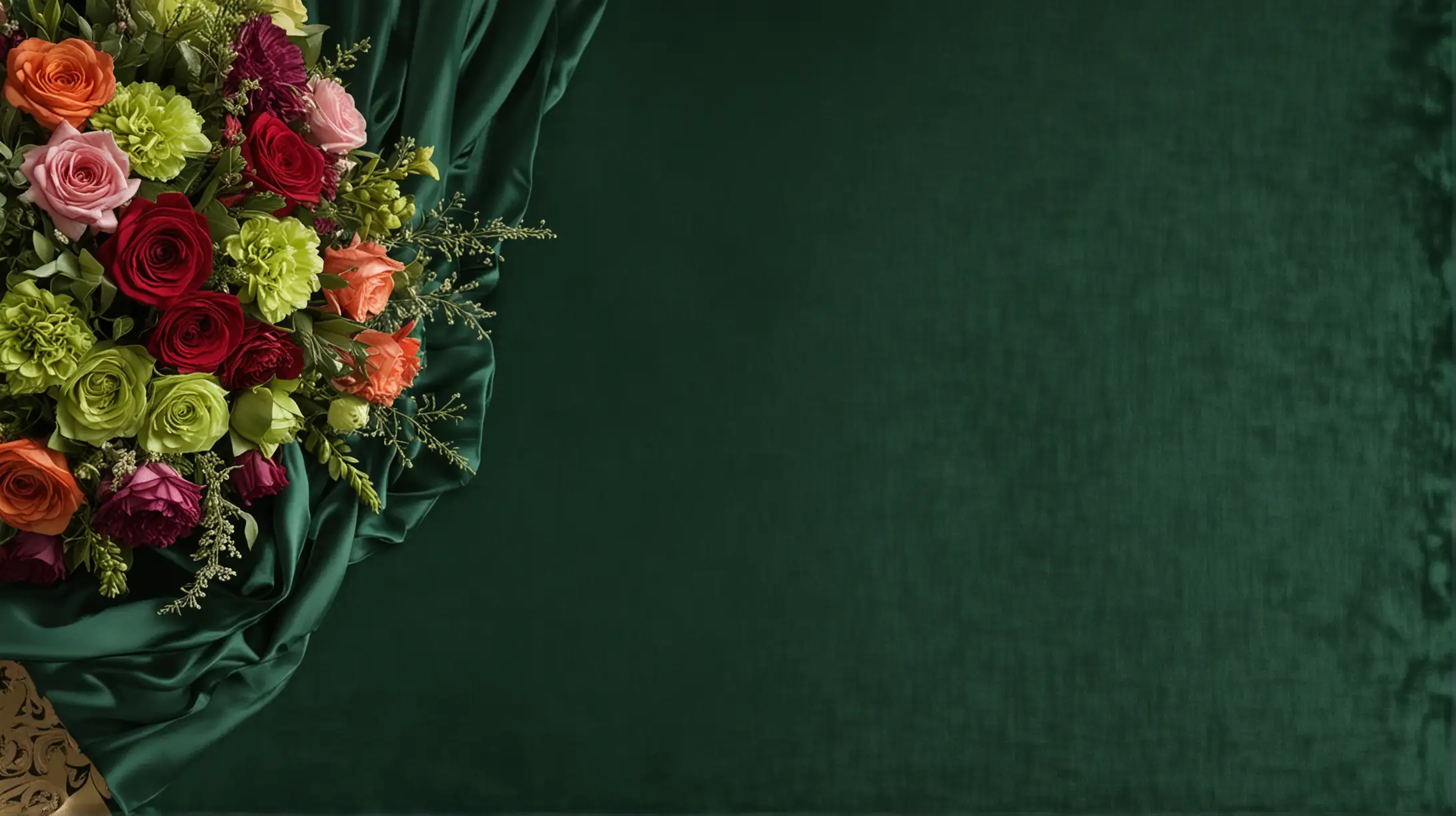 left side border draped green fabric, on left part of beautiful funeral colorful bouquet, large green velvet background