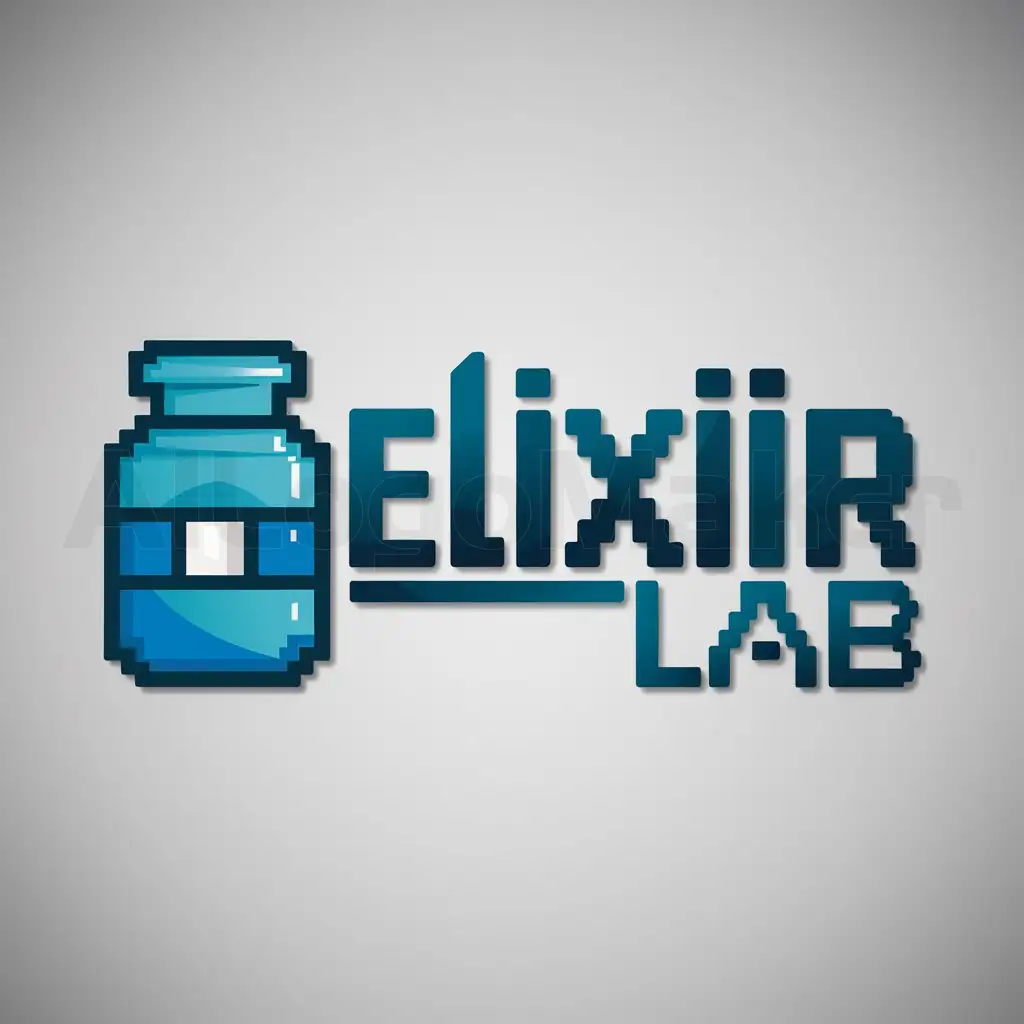 a logo design,with the text "ELIXIR LAB", main symbol:blue medicine bottle whole pixel style whole blue color medicine bottle left text medicine bottle and text size same,Moderate,be used in game industry,clear background