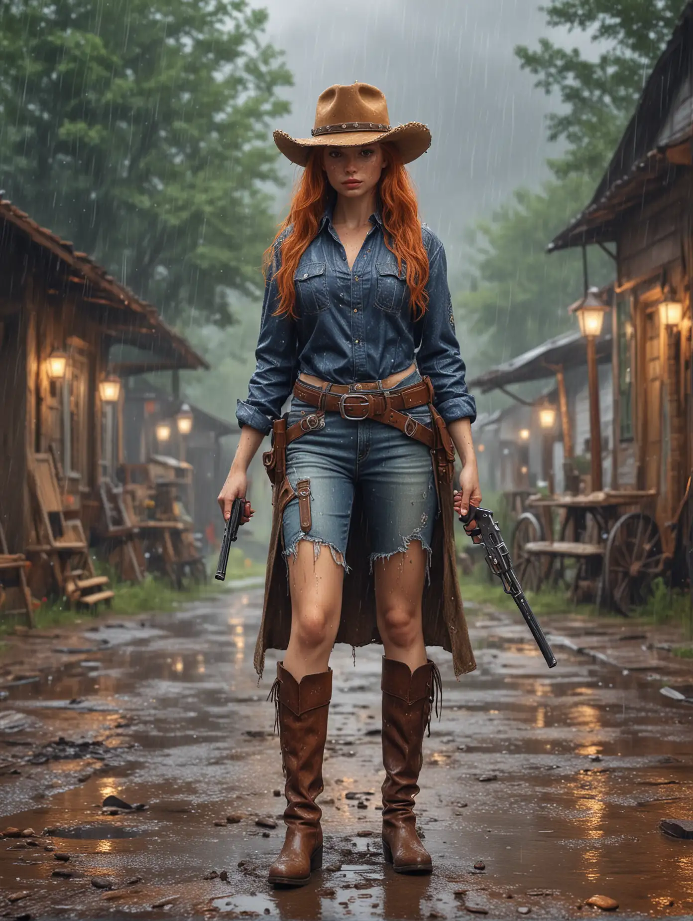 Create a realistic image of a beautiful ginger girl in a cowboy's outfit and holding colt gun, walking on dirty road in the pouring rain, in front of vintage cowboy's cottage, Realistic image, rain effects, water effect, colorful organic shape, hyperdetailed, masterpiece art