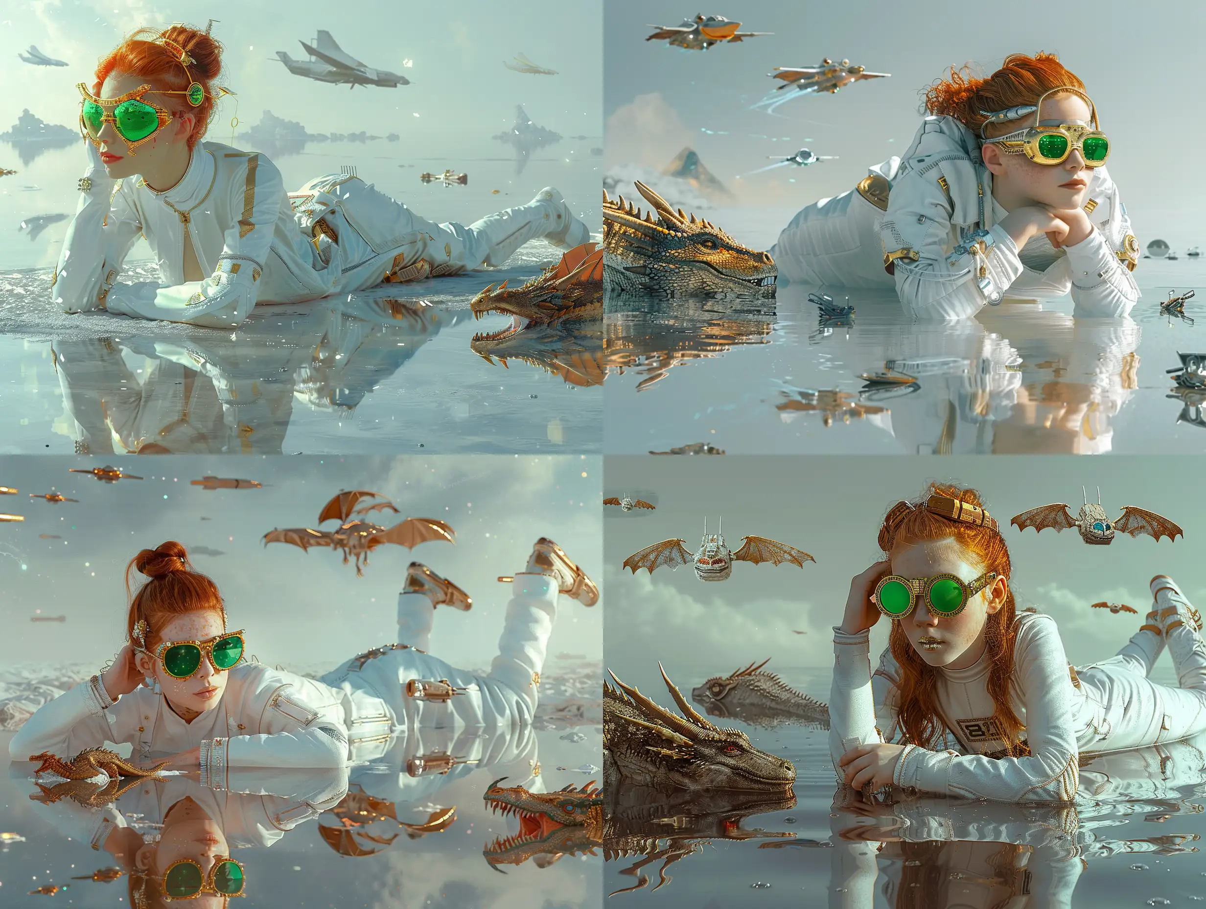 Планета в стилистике фильма Дюна, девушка в белом космическом костюме, лежит на воде, красивые рыжые волосы, космические зеленые очки в золотой оправе, рядом лежит дракон, отражение в воде, на серо-синем небе проплывают космические корабли, 8k, дымка, ультодетализация, плёночная фотография, рассеяние света,  резкий фокус, высокая детализация  