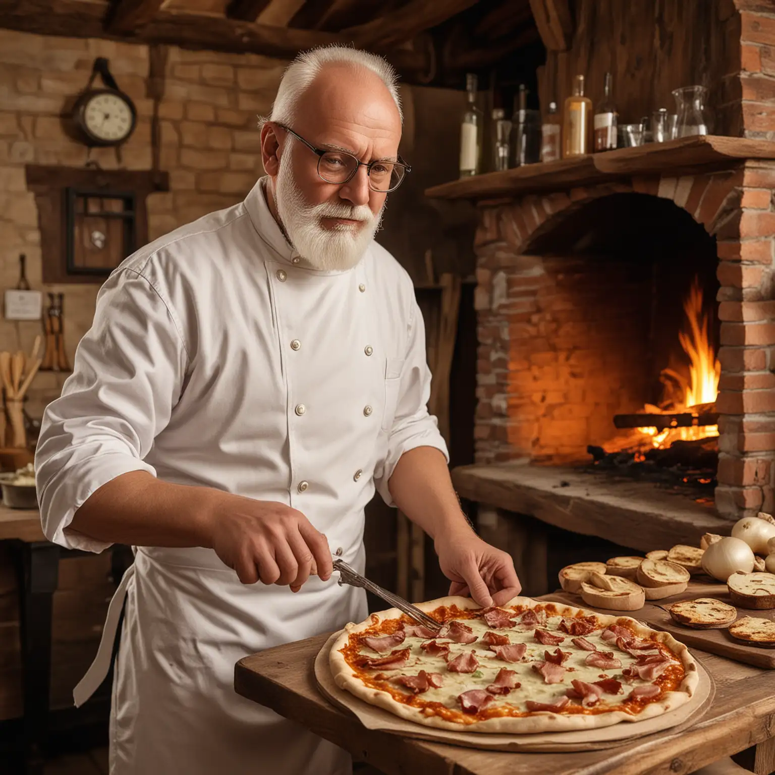 Elderly Cook Preparing Traditional Alsatian Flat Pizza with Wooden House Decor