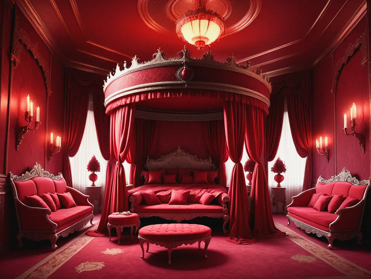 An image of a Very large red royal bedchamber, mostly crimson atmosphere, decorations, sensual, a Very large bed and a couch, in a detailed fantasy style 