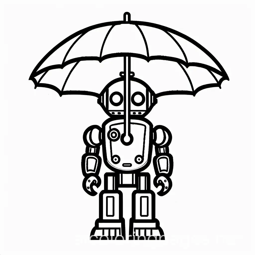 coloring page of a robot holding an umbrella, Coloring Page, black and white, line art, white background, Simplicity, Ample White Space. The background of the coloring page is plain white to make it easy for young children to color within the lines. The outlines of all the subjects are easy to distinguish, making it simple for kids to color without too much difficulty