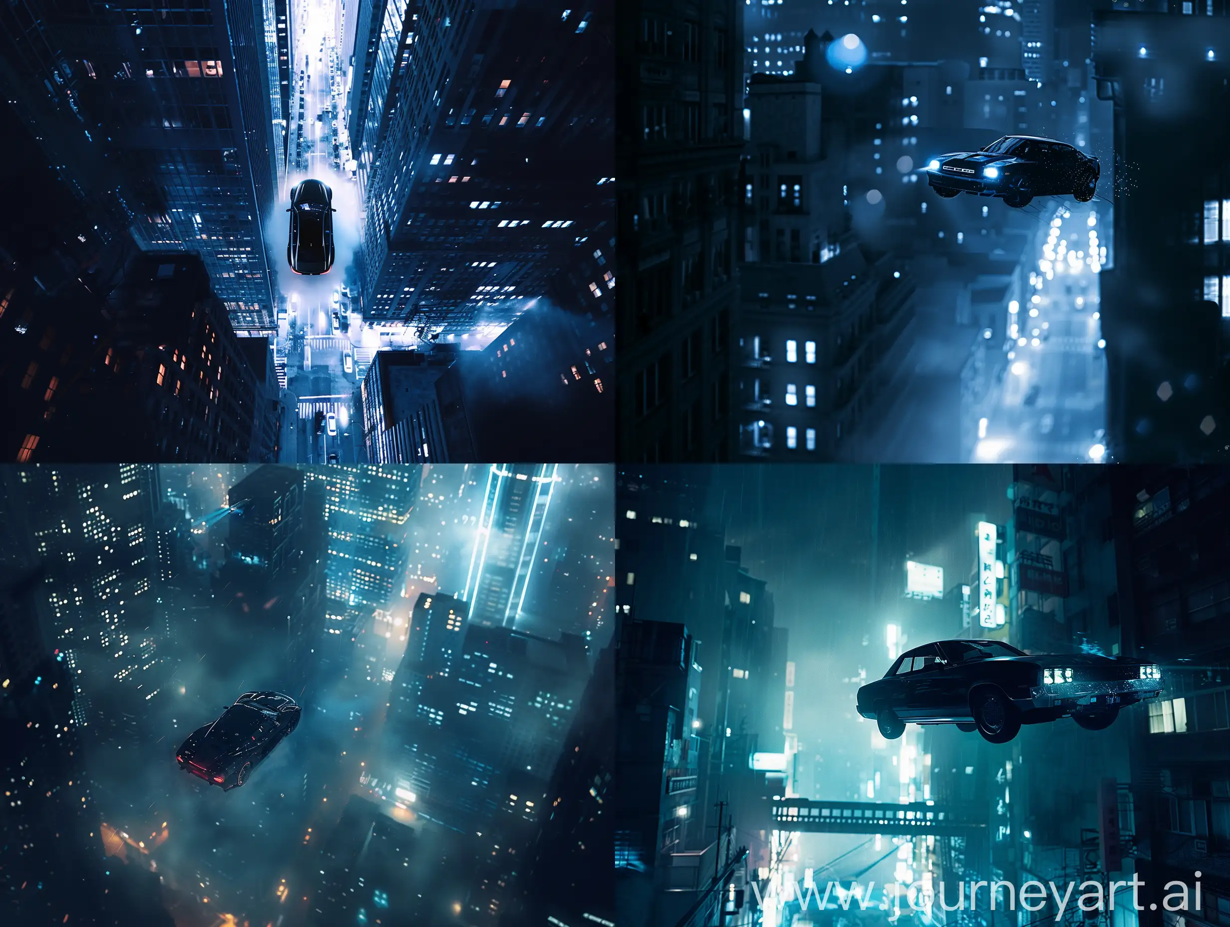 Cinematic shot of a car flying in a darkness city at night, Flying as if it landed from a high place, dramatic lighting, wide angle, cool tones, dark blue palette, tense atmosphere, detailed composition 