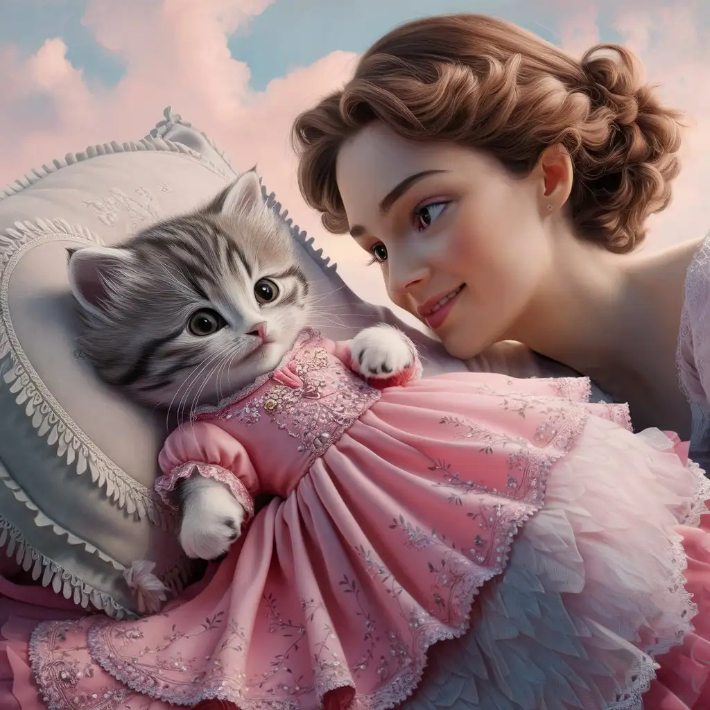 kitten lying on a pillow, author Nina Petrovna Valetova, romanticism, in a pink dress with a floral pattern, dressed in a floral dress, 3d precious moments plush cat dressed in beautiful