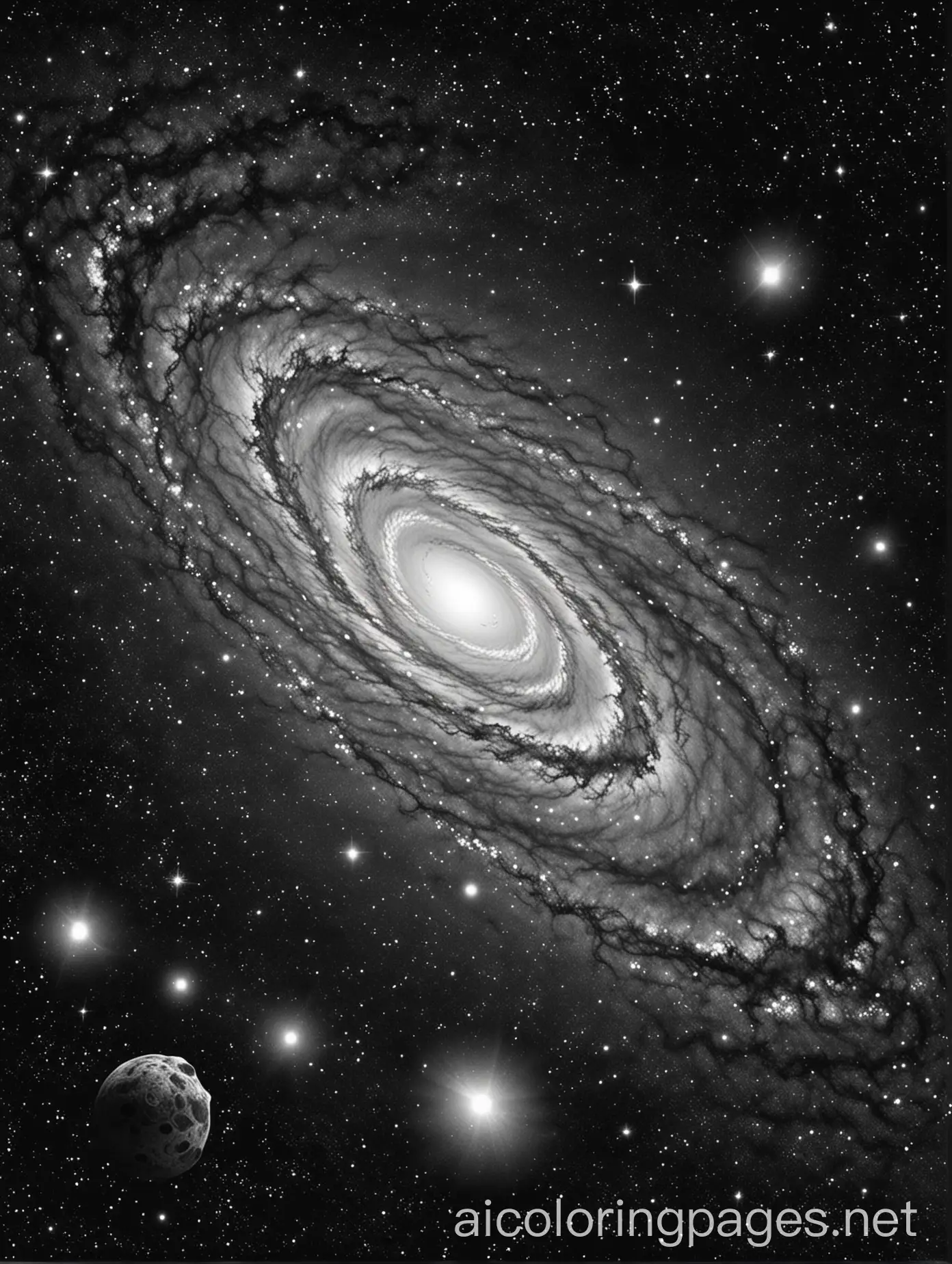 galaxy in dark outer space, Coloring Page, black and white, line art, white background, Simplicity, Ample White Space