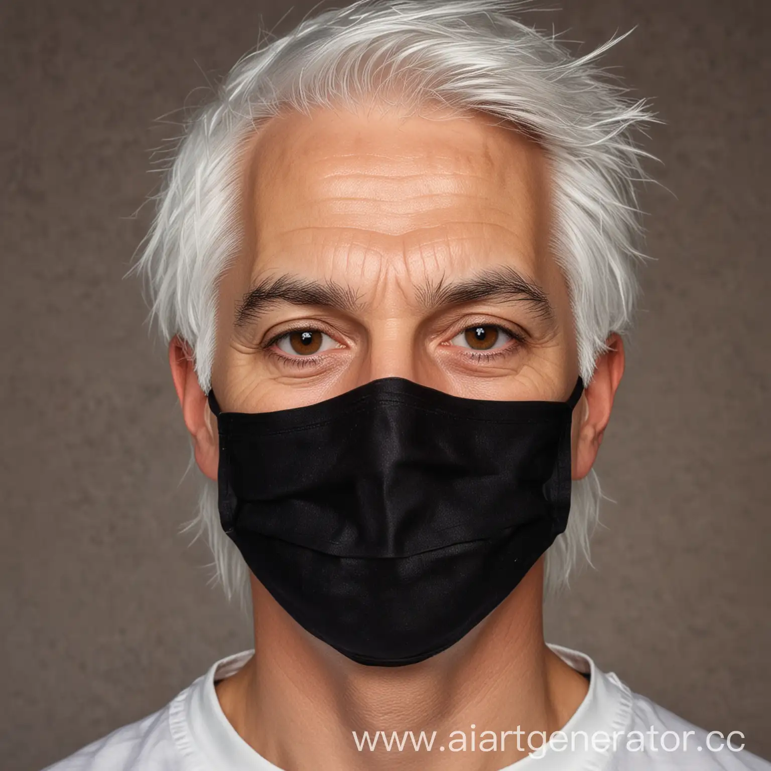 Человек белыми волосами карие глаза и черная медицинская маска с кошачьими усами 
