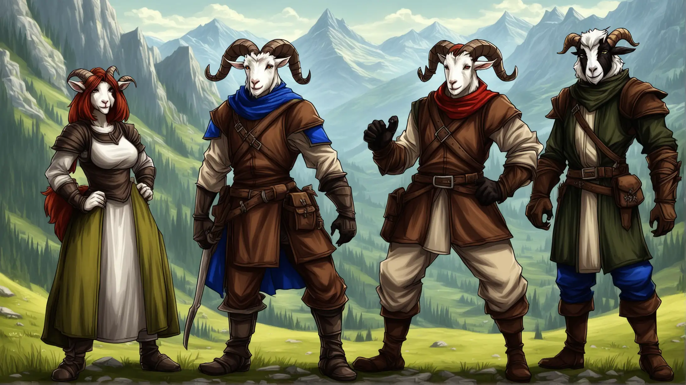 hybrid goat men, hybrid goat women, rogues, rangers, furry, mountains, Medieval fantasy