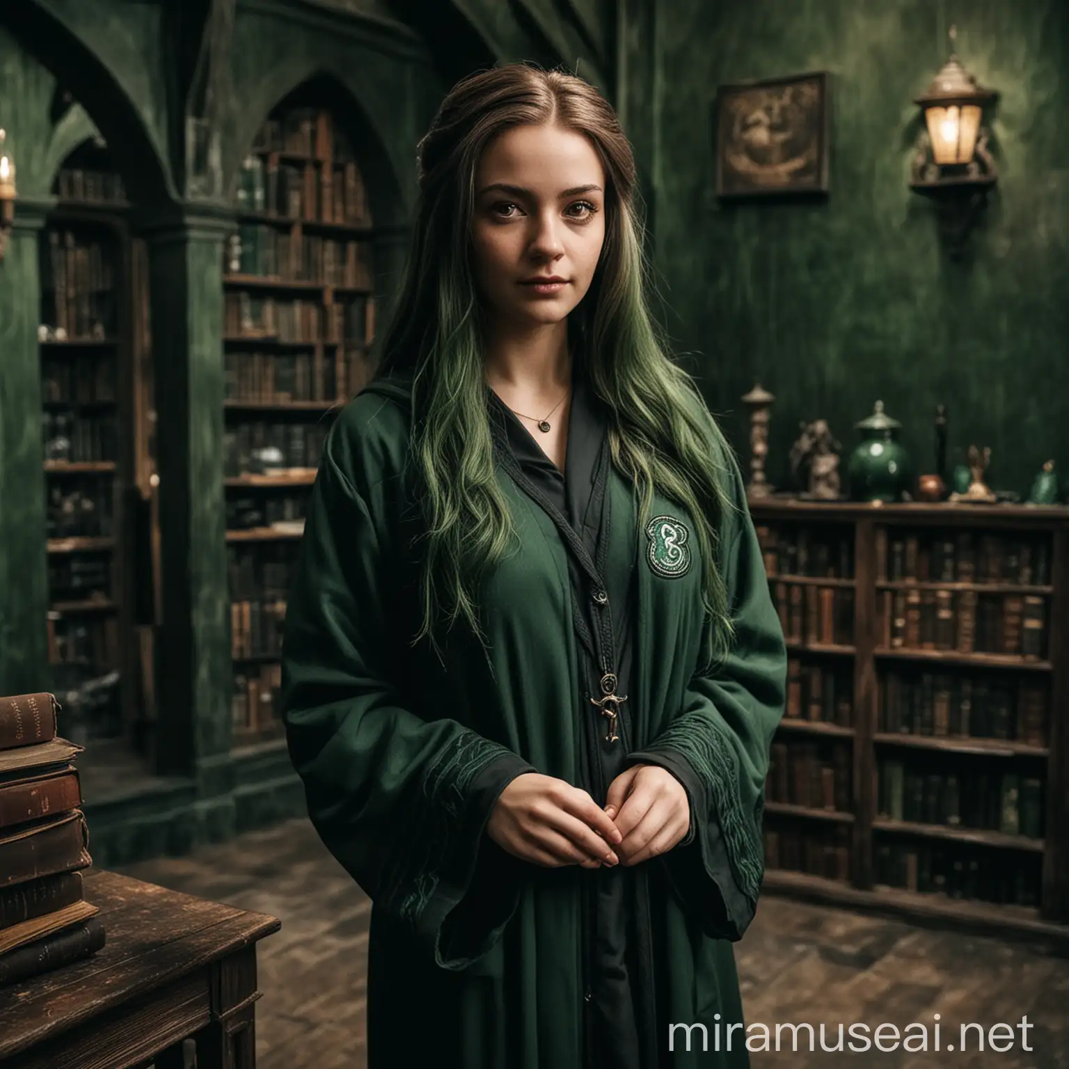 This woman, in the picture, is in Slytherin house at Hogwarts Witchcraft and Wizardry. She is in Slytherin Common Room and wearing Slytherin robe.