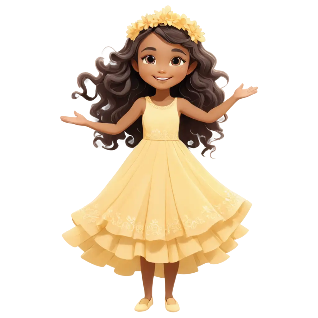 little cute girl cartoon in pastel yellow color long dress with curly super long hair wearing headband smiling face and fair skin big cute eyes surrounded by petals dancing around