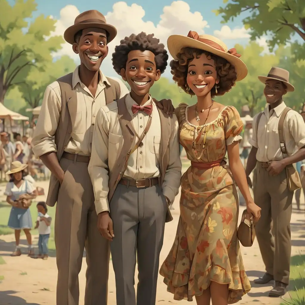 1900s cartoon-style adult african americans at the park smiling in new mexico
