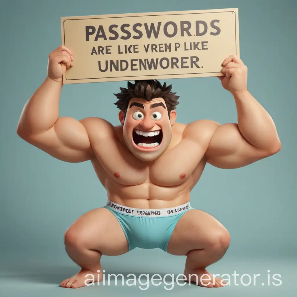 Create a humorous image illustrating the concept that 'Passwords are like underwear.' Show a quirky character holding up a pair of underwear labeled 'password' with a sign nearby that says: 'Change them regularly, don't share them, and keep them secure!' Use bright colors and a playful, cartoonish style to make the message fun and engaging.