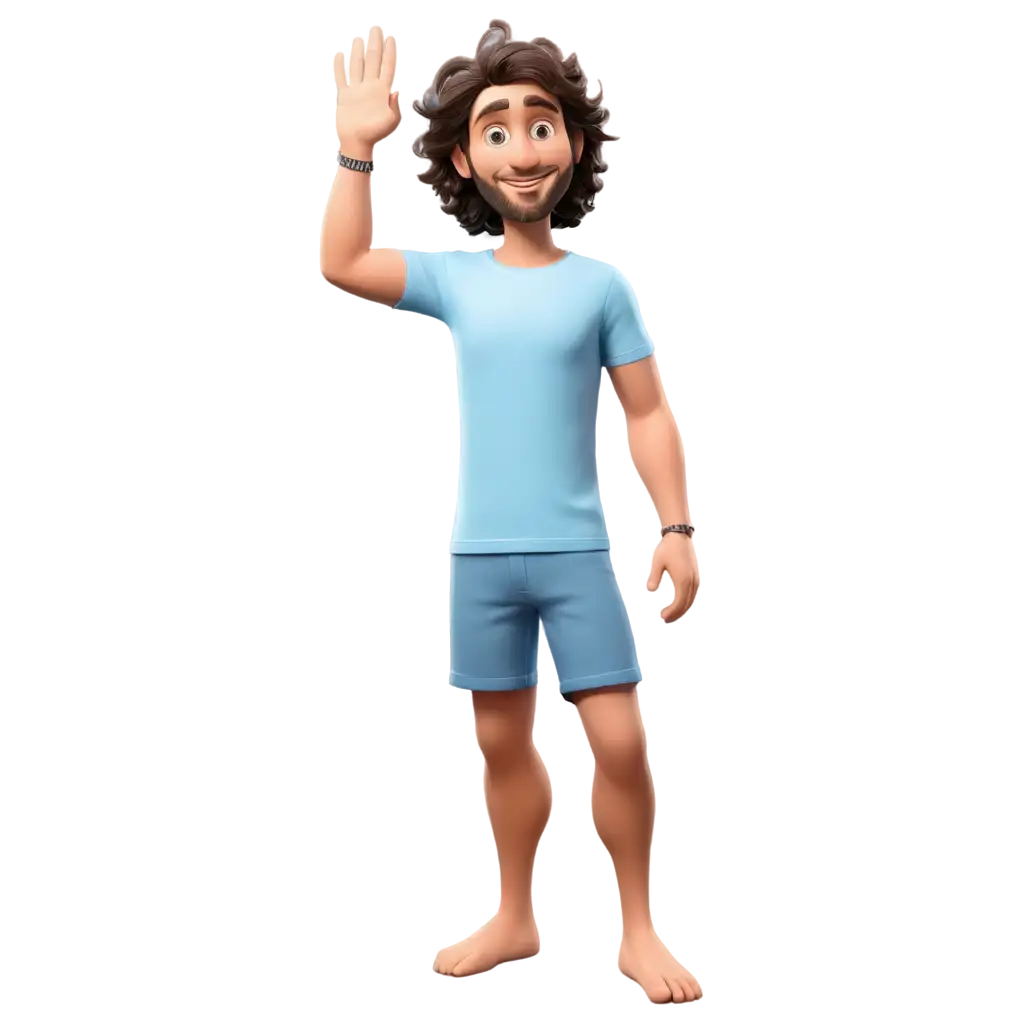 3D, man in beachwear, wavy hair, fair skin, wearing a sky blue T-shirt, waving hand
