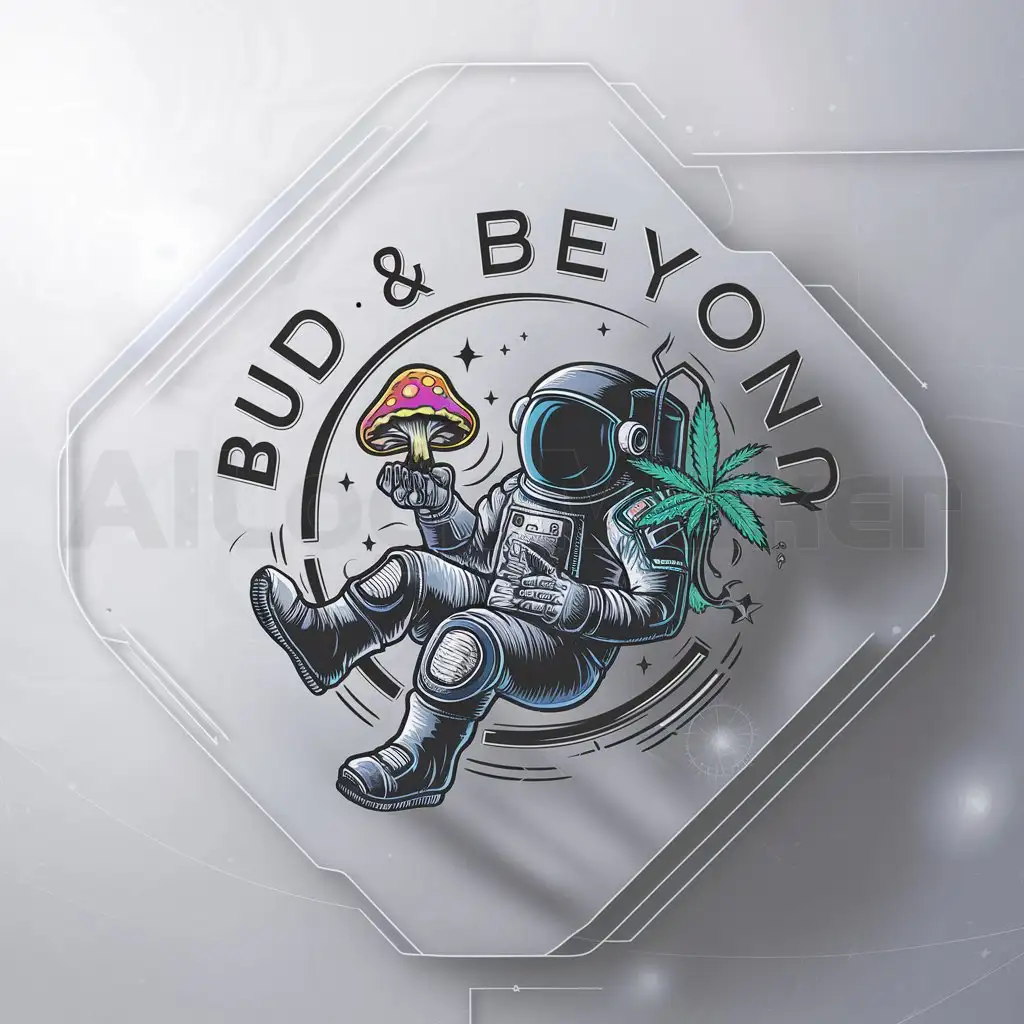 a logo design,with the text 'BUD & BEYOND', main symbol:Astronaut in space with mushrooms in one hand and hemp plant in this other hand,complex,be used in Others industry,Space background