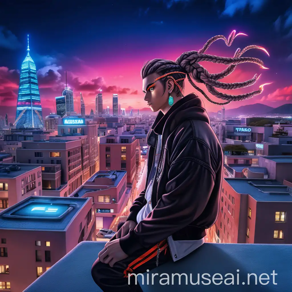 Urban Trap Song Inspiration Braided Artist in Neon Cityscape