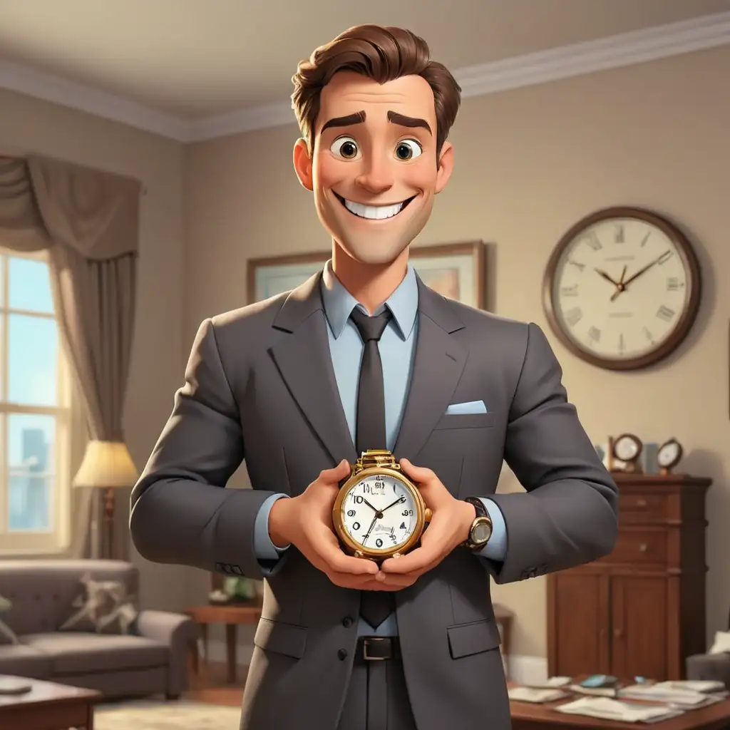 мультяшный красивый мужчина в костюме держит в руках большие часы и улыбается на фоне комнаты