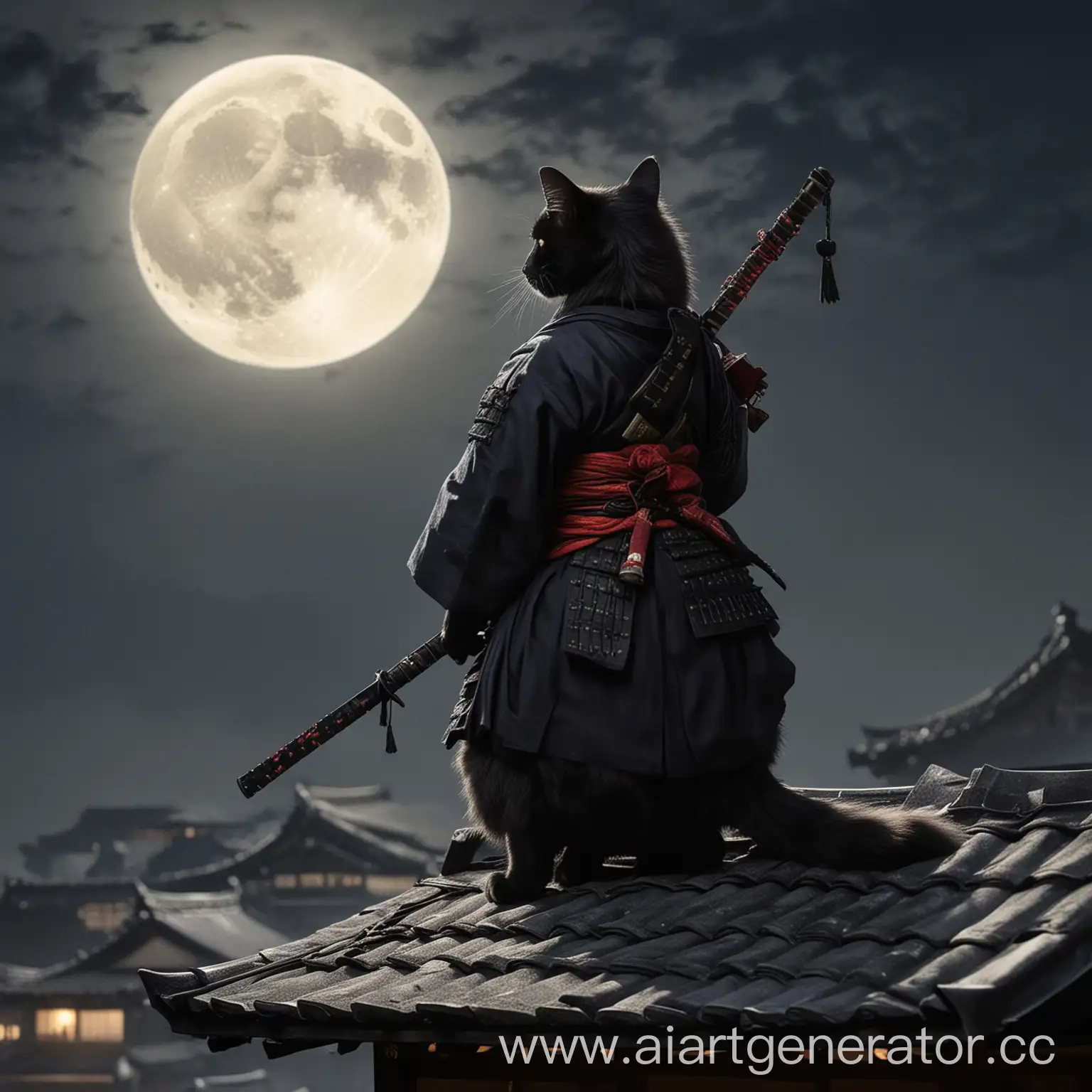 Black-Cat-Samurai-on-Ancient-Japanese-Rooftop-under-Full-Moon