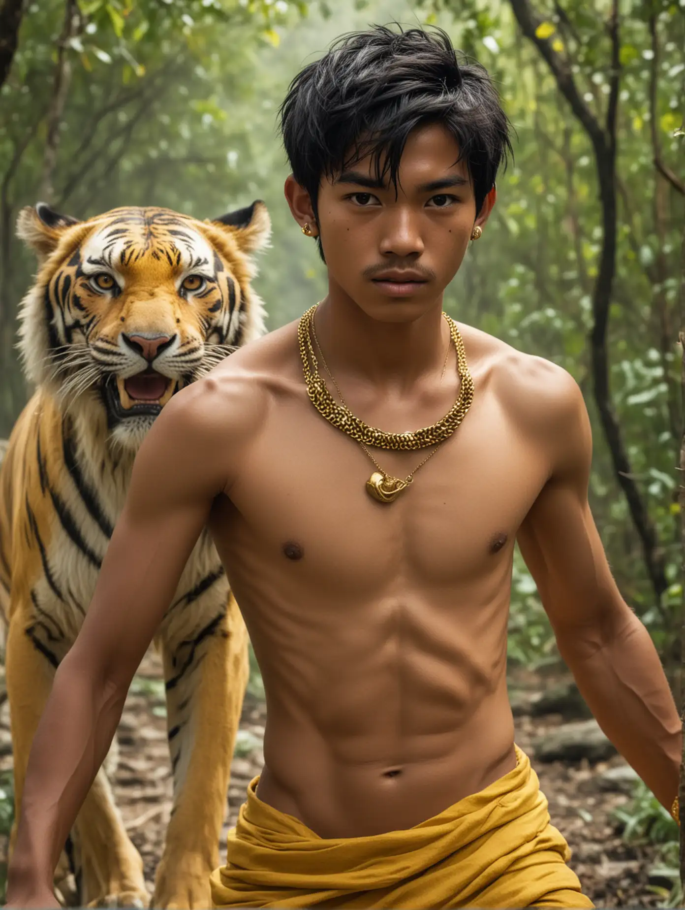 a bare-chested, handsome 15-year-old Indonesian man with a thin mustache, close-cropped black hair, brown skin, wearing yellow cloth and gold jewelry fighting with a giant tiger in a forest field at the foot of the mountain