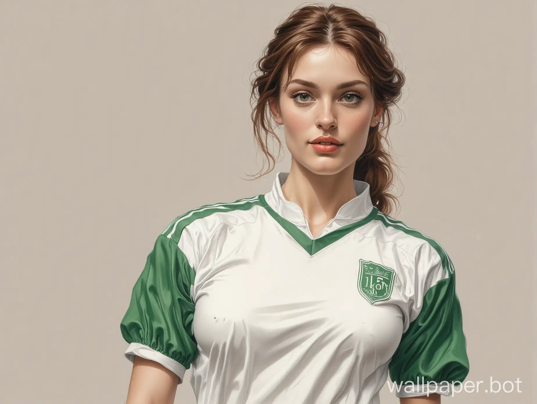 Sketch Florence Pew 25 years old with 4th breast size narrow waist in white-green soccer uniform on white background Boris Vallejo style pencil drawing