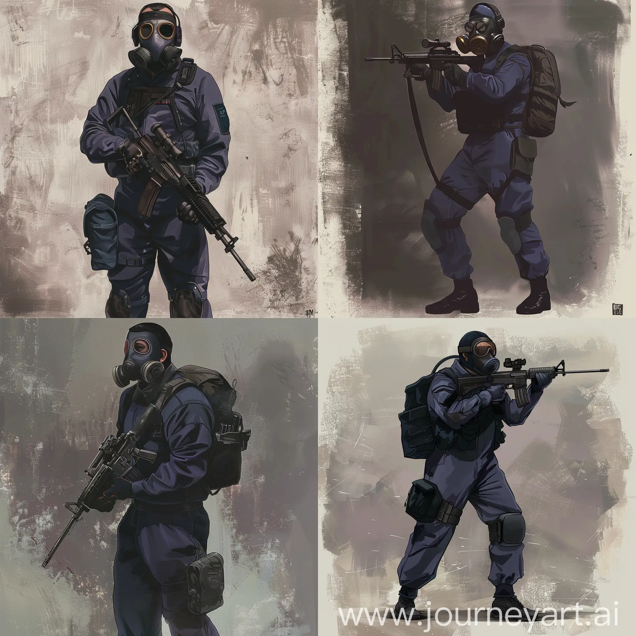 Concept art, 1978 year, SAS operator, dark purple military jumpsuit, hazmat protective gasmask on his face, small military backpack, military unloading on his body, sniper rifle in his hands.