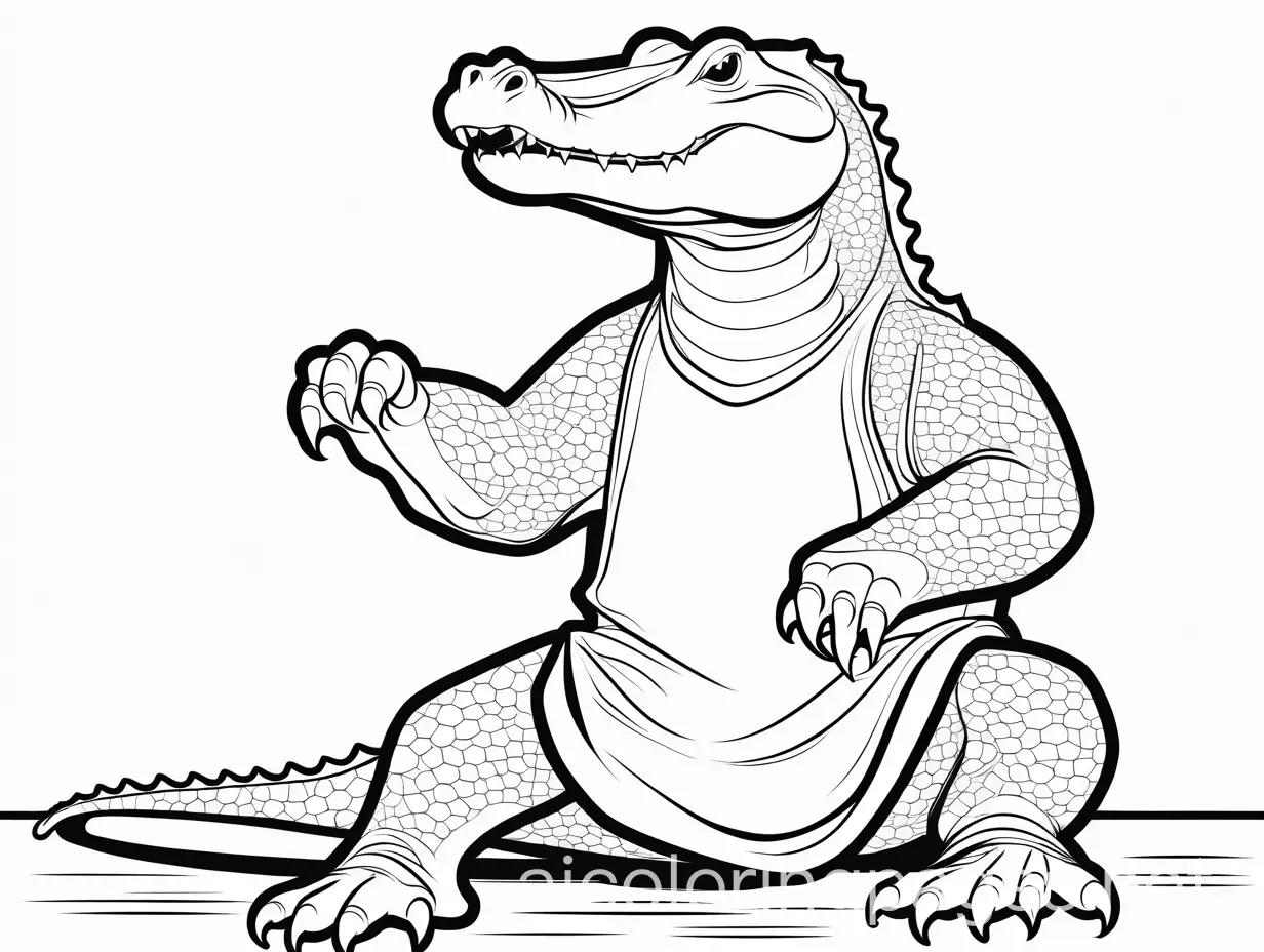 karate aligator, Coloring Page, black and white, line art, white background, Simplicity, Ample White Space. The background of the coloring page is plain white to make it easy for young children to color within the lines. The outlines of all the subjects are easy to distinguish, making it simple for kids to color without too much difficulty