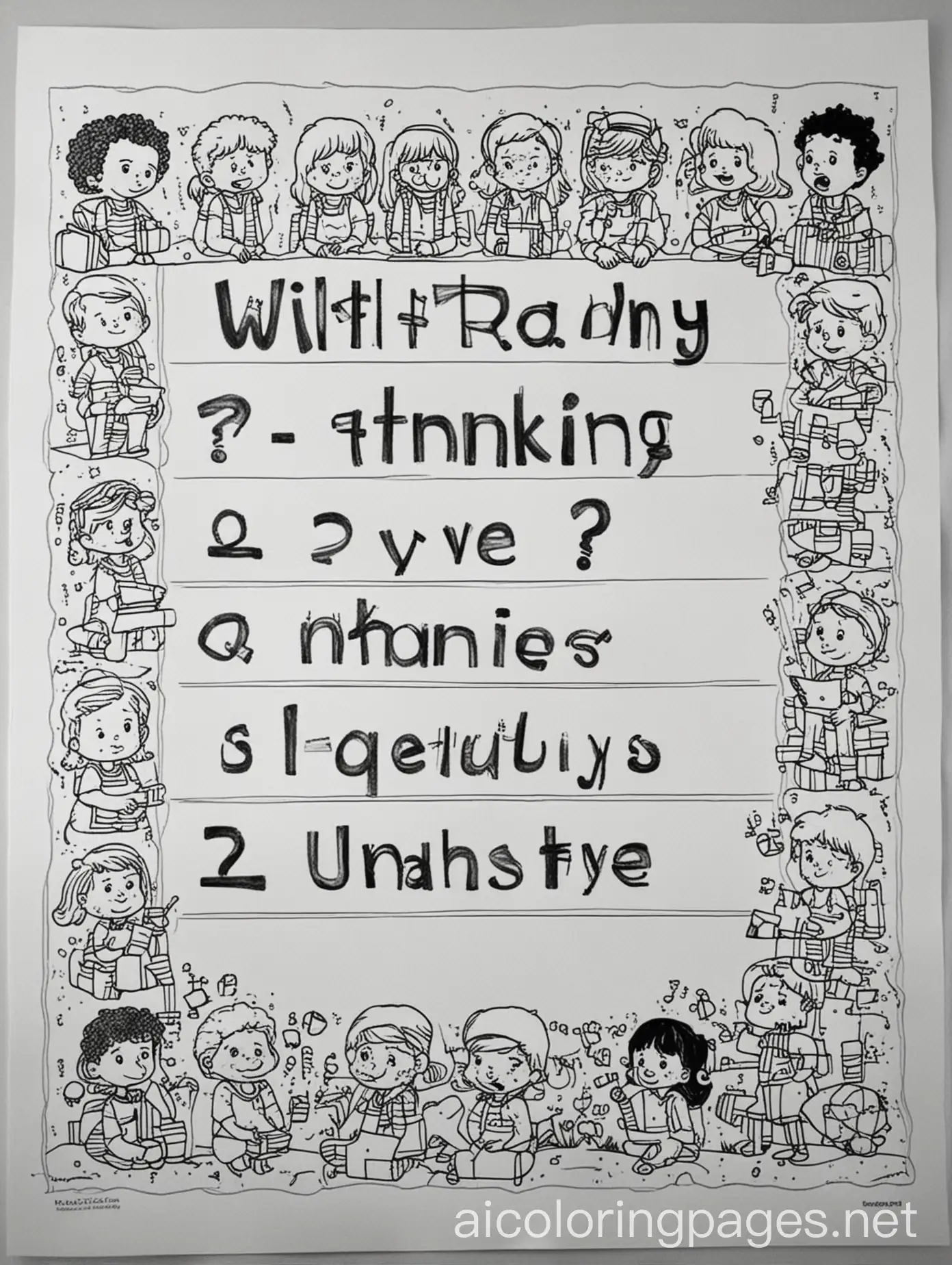 Kids thinking together with some questions mark in the photo with letters in the photo , Coloring Page, black and white, line art, white background, Simplicity, Ample White Space. The background of the coloring page is plain white to make it easy for young children to color within the lines. The outlines of all the subjects are easy to distinguish, making it simple for kids to color without too much difficulty