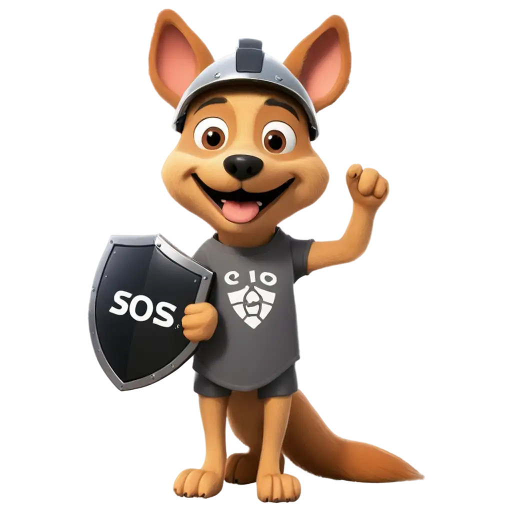a smiling cartoon dog picture wearing helmet written "sos" on it with a shield in hand
