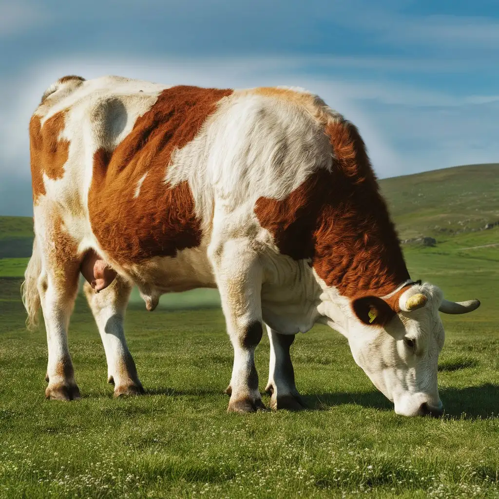 A double-exposure photo, a large cow grazing in a green meadow, the cow has an unusual color, the color of the cow repeats the world map, identical to a natural photo